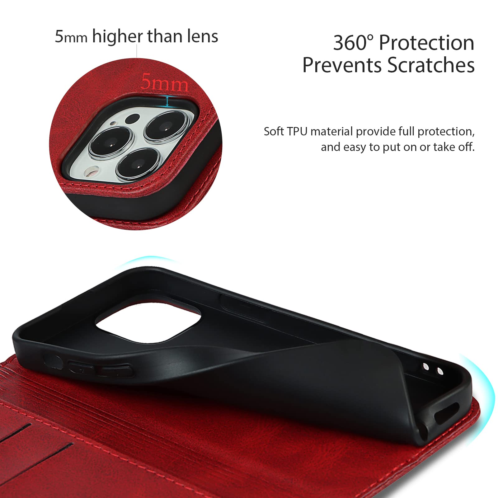 Havaya Wallet Case for iPhone 13 Pro Max/12 Pro Max - Slim Flip Cover with Card Holder & Kickstand (Red) - Perfect for Women's Everyday Use, Commuting & Travel