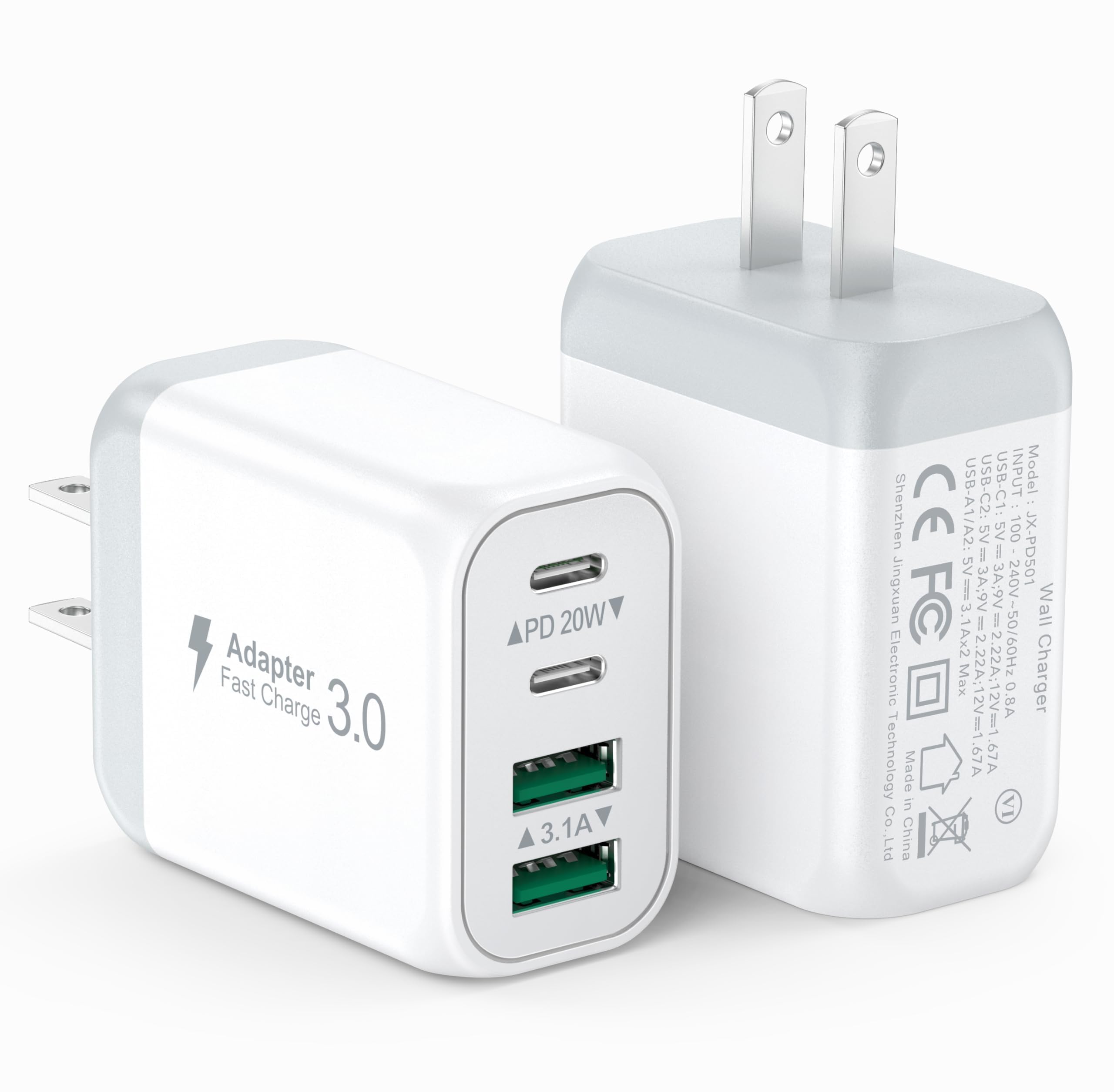 2-Pack 40W USB C Wall Charger Fast Charging Block with 4 Ports PD 3.0 & QC 3.0 - Compatible with iPhone 16/15/14/13/12 Series, iPad Pro/Air/Mini, Samsung Galaxy, Google Pixel - Perfect for Home, Office & Travel Charging Needs