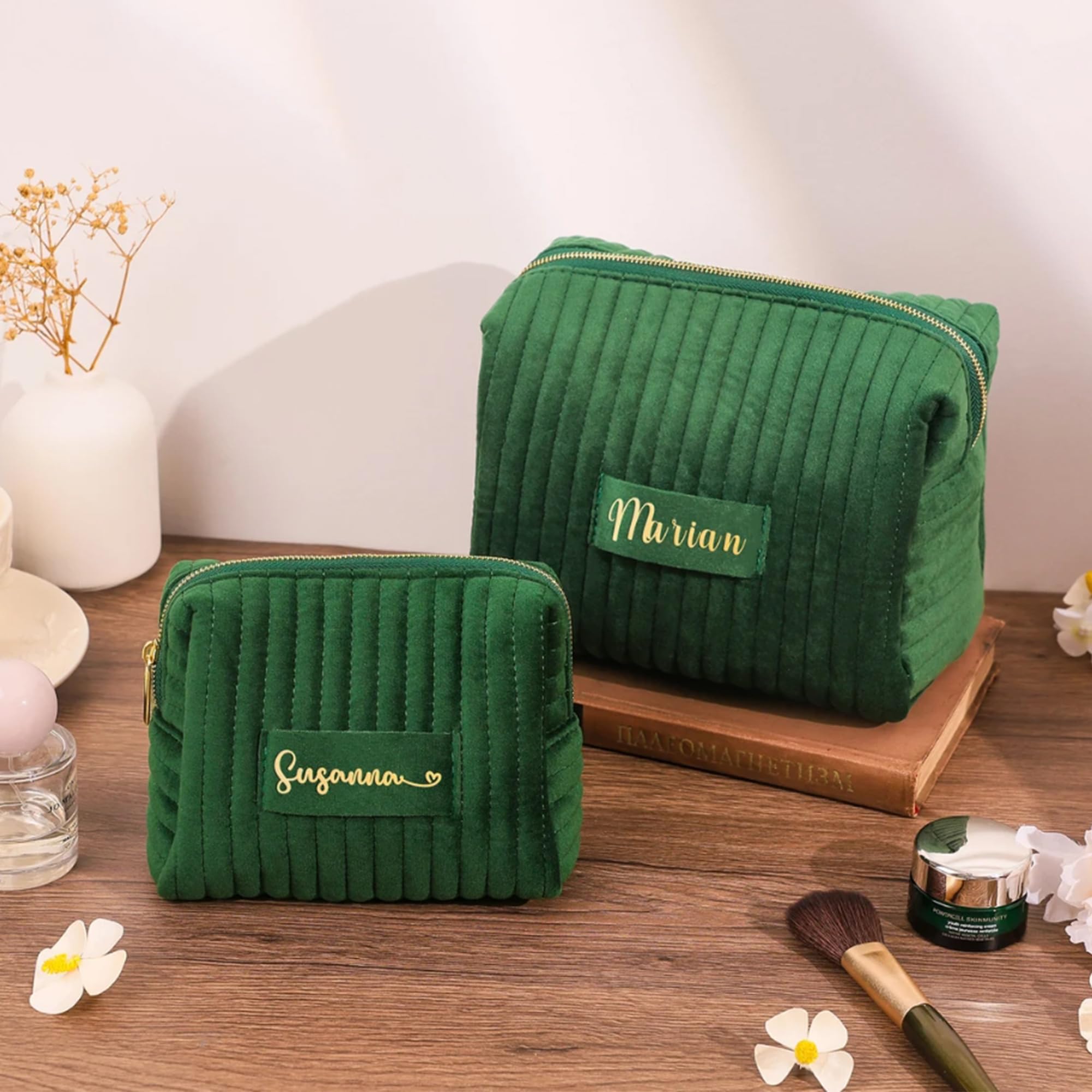 Custom Personalized Velvet Makeup Bag with Name - Women's Travel Toiletry Organizer Pouch for Cosmetics | Perfect for Bridesmaid Gifts, Bachelorette Parties, Birthdays & Weddings | Great for Travel, Daily Use & Special Occasions