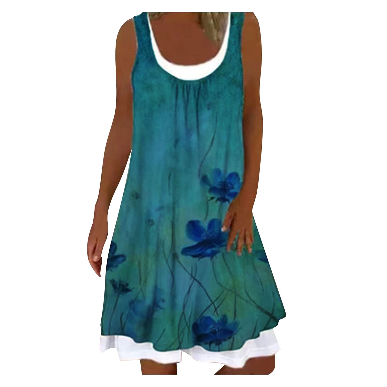 Sixpi Women's Floral Print Sleeveless Bohemian Maxi Dress - Casual Summer Beach Dress with Fake Two-Piece Design, O-Neck Long Dress for Vacation, Party & Daily Wear (A1489, Green)