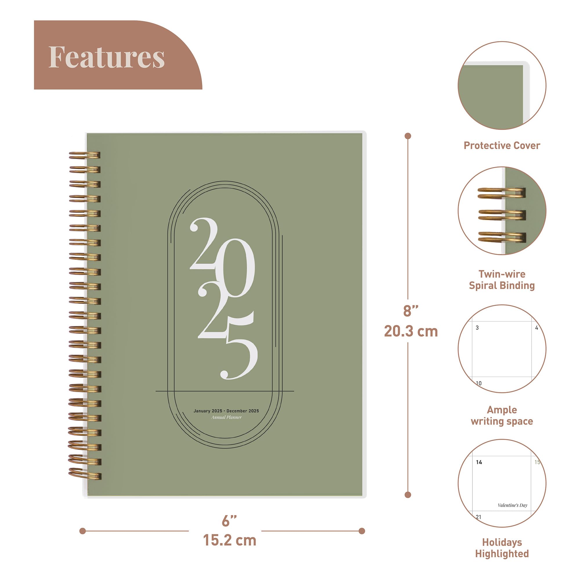 Rileys 2025 Weekly Planner - 8 x 6 Inch Green Flexible Cover Planner with Monthly & Weekly Pages, Twin-Wire Binding & Notes Section | Perfect for Students, Professionals & Personal Organization (Jan-Dec 2025)