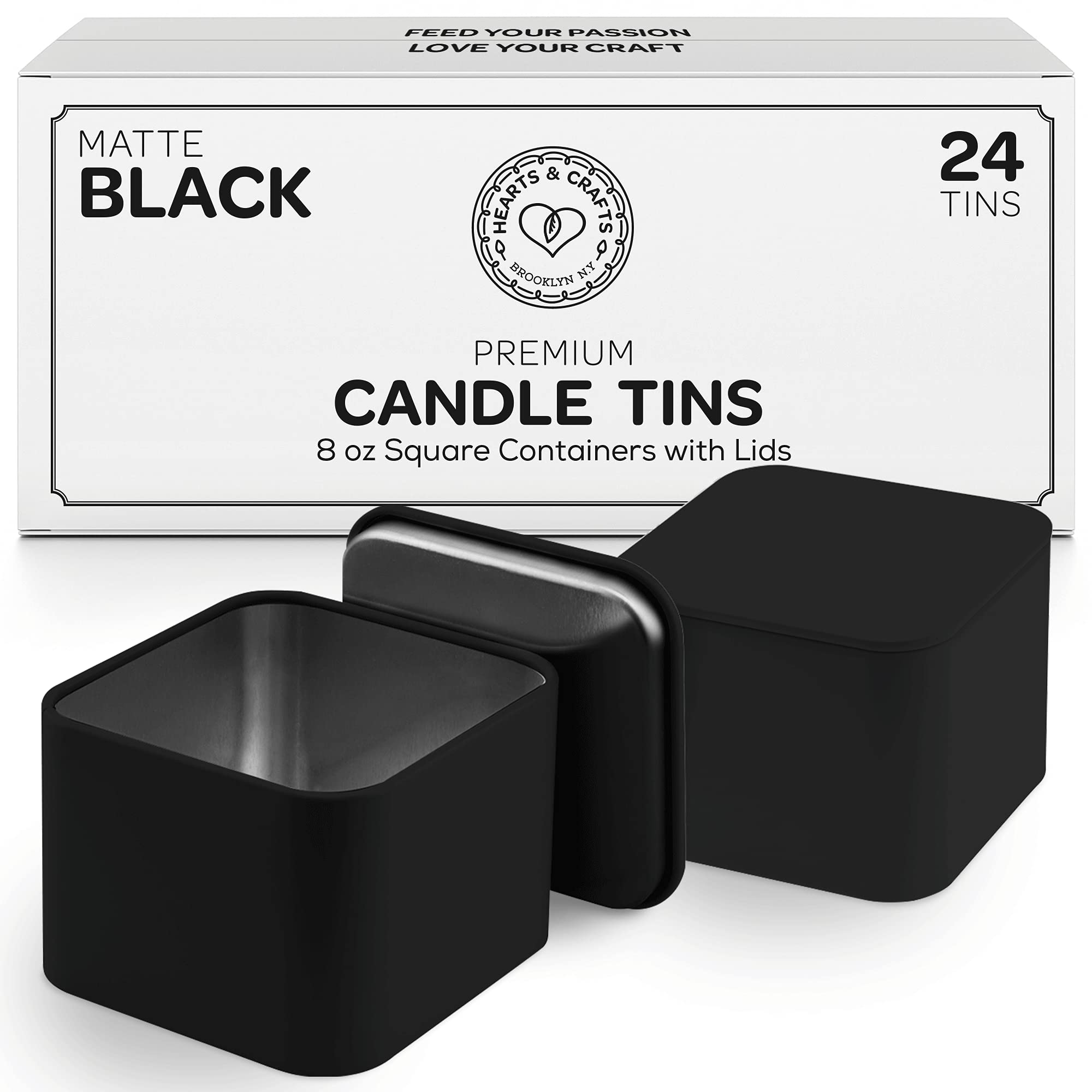 Hearts & Crafts 8 oz Matte Black Square Metal Candle Tins with Lids - Pack of 24 - Heat Resistant, Non-Rusting Empty Candle Jars for DIY Candle Making, Home Decor, Wedding Favors, Gift Packaging & Storage - Perfect for Aromatherapy, Party Decorations & Craft Projects