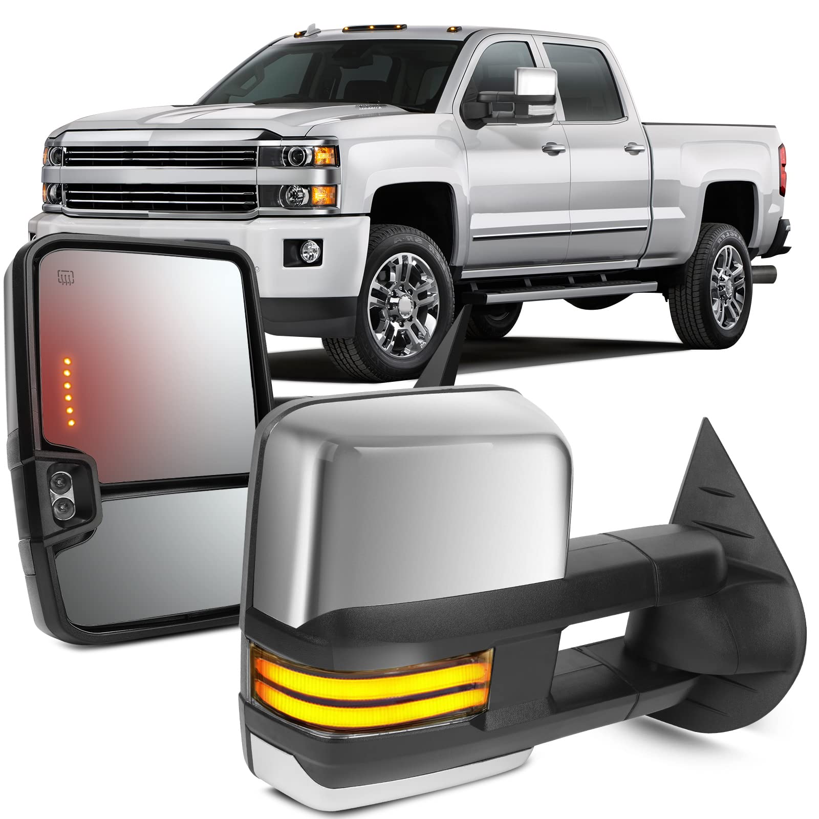 Heated Power Towing Mirrors for Chevy Silverado & GMC Sierra (2007-2014) - Chrome Housing with Running Lights - Enhanced Visibility for Safe Towing & Night Driving