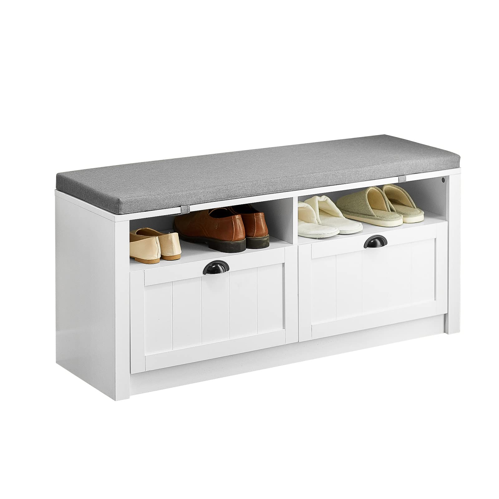 Haotian FSR90-W White Storage Bench with 2 Slide Drawers & Padded Seat Cushion - Multi-Functional Entryway Organizer for Shoes, Hats & Accessories - Perfect for Hallway, Bedroom or Mudroom Storage Solutions