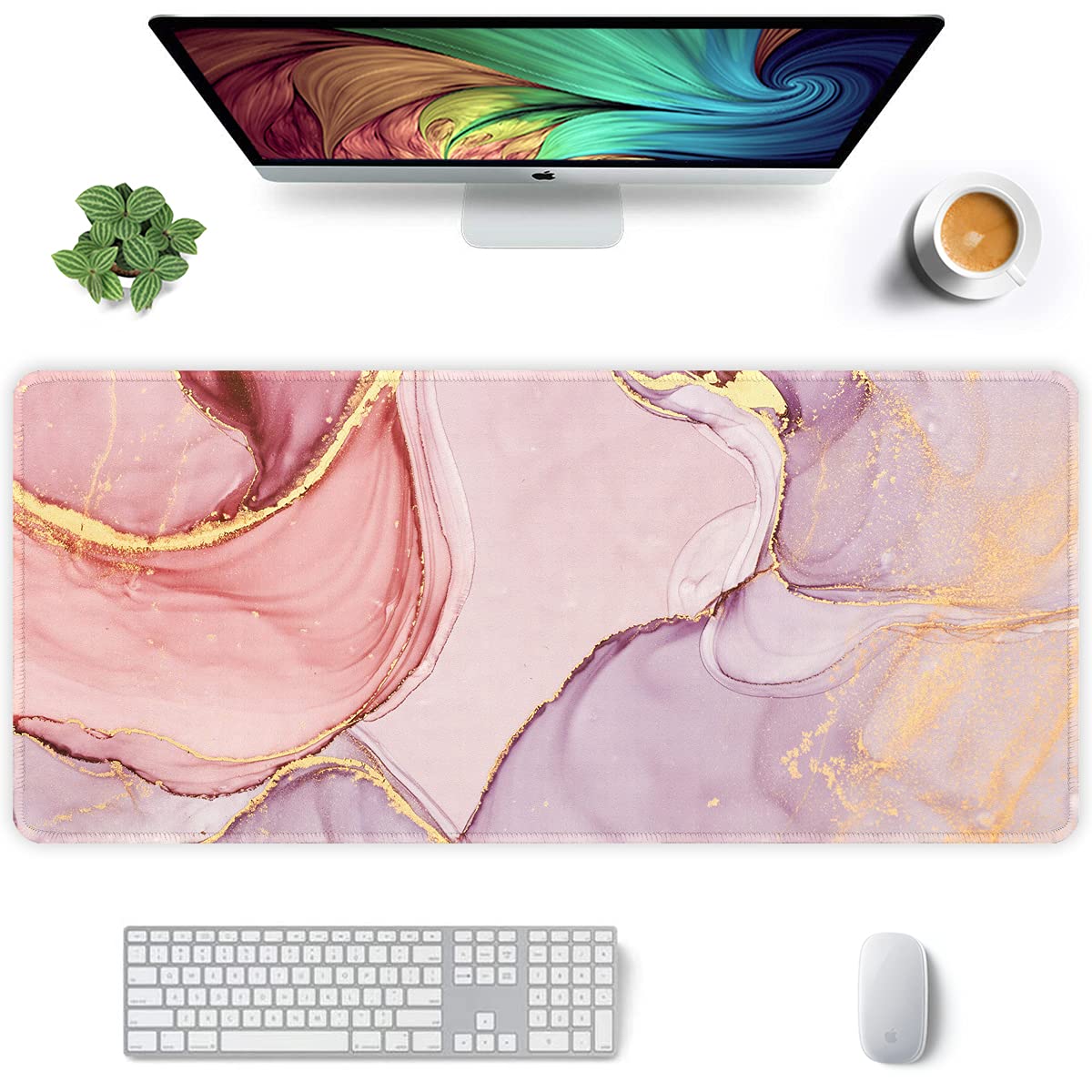 Auhoahsil XXL Gaming Mouse Pad - Non-Slip, Stitched Edge for Office & Gaming (35.5x15.7in, Pink Marble)