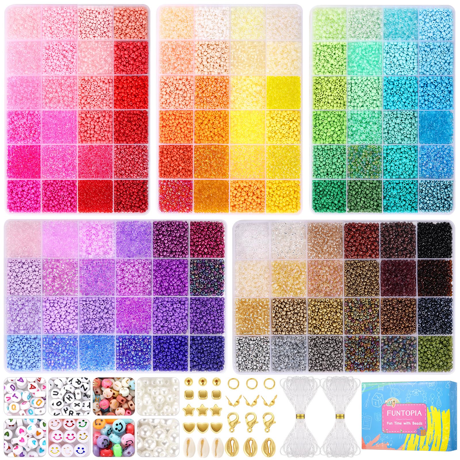 Funtopia 3mm 37,000+ Seed Beads for Jewelry Making - 120 Color Small Glass Beads Kit with Alphabet Letters & Smiley Faces | DIY Bracelets, Friendship Jewelry, Arts & Crafts Projects (Perfect for Gifts, Party Favors & Creative Designs)