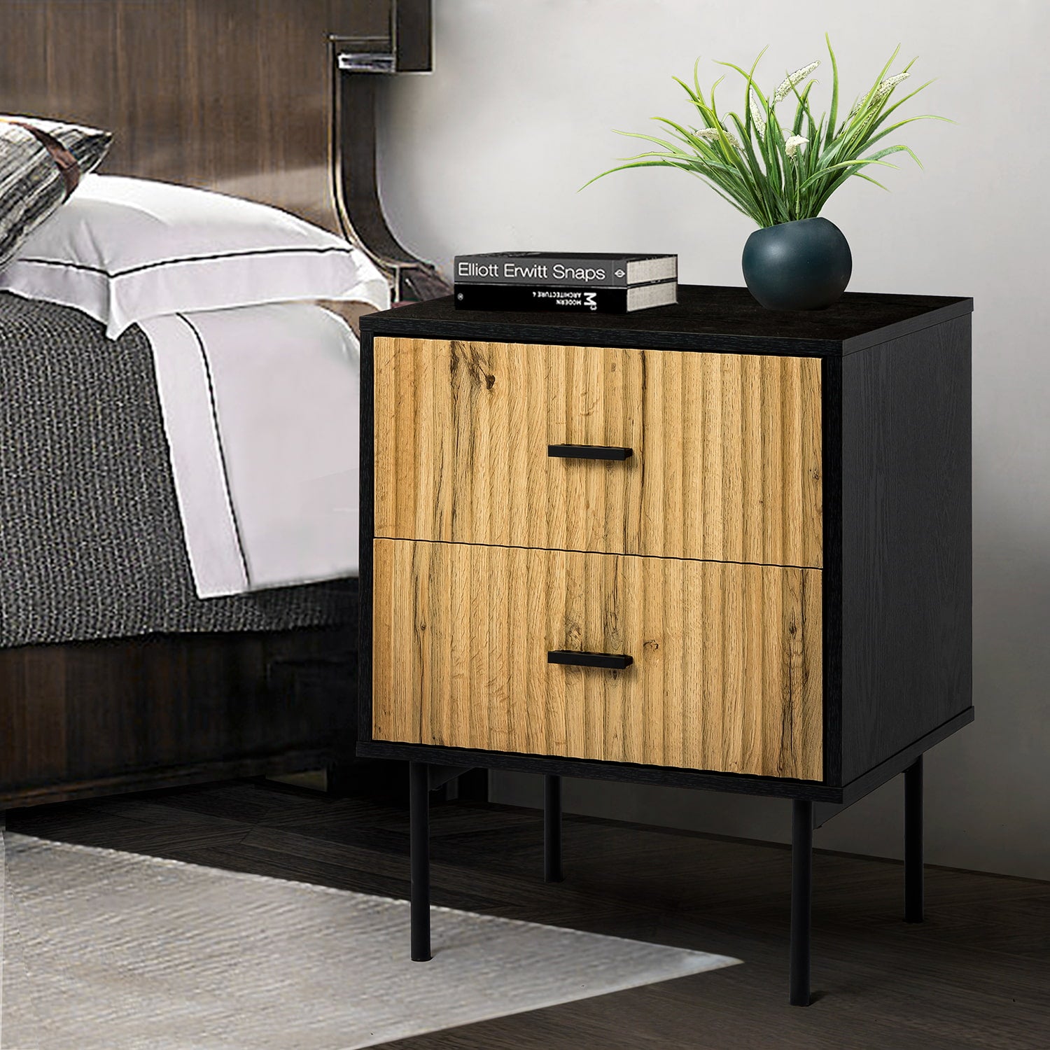 Modern Nightstand with Two Drawers - Nahuel Bedside Table with Optional Styles for Bedroom, Living Room & Guest Room - Sturdy Wooden End Table with Storage for Home Decor