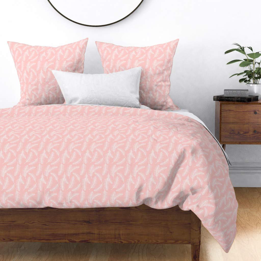 Custom Feathers Pink Boho Print Cotton Sateen Duvet Cover - Full/Queen Size Soft Bedding for Girls' Room | Nursery Decor & Bohemian Style Bedroom