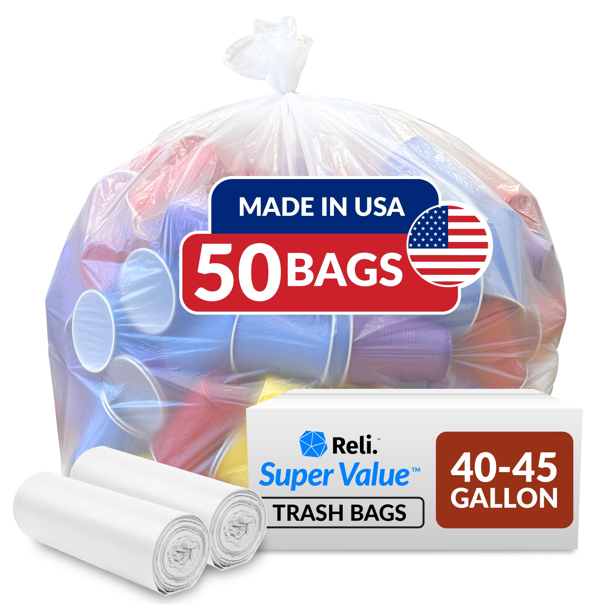 Reliable 40-45 Gallon Heavy Duty Trash Bags - 50 Count Super Size Clear Garbage Bags for Serious Cleanup | Perfect for Large Kitchen, Office, and Commercial Use