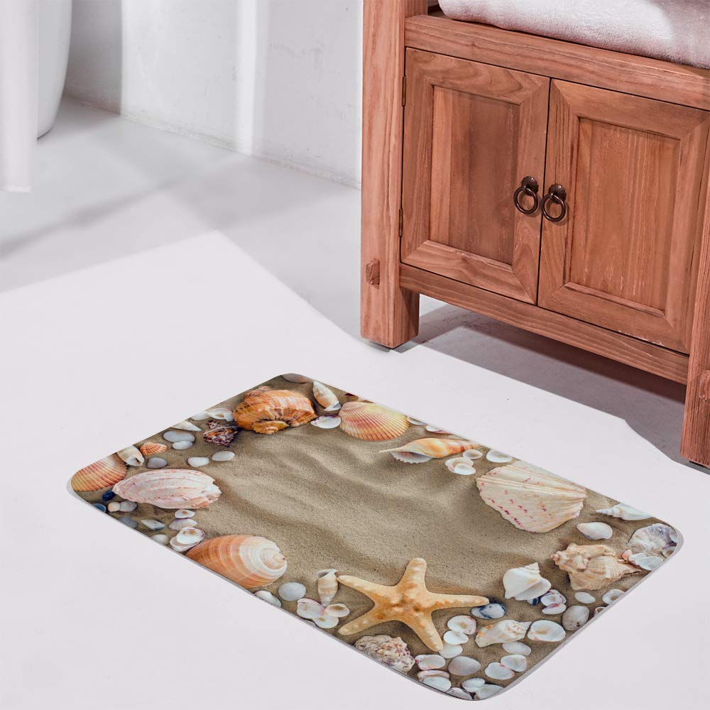 Non-Slip Microfiber Bath Rug - Quick Drying Soft Shower Mat with Seashell & Starfish Beach Design, Absorbent Bathroom Floor Carpet (31