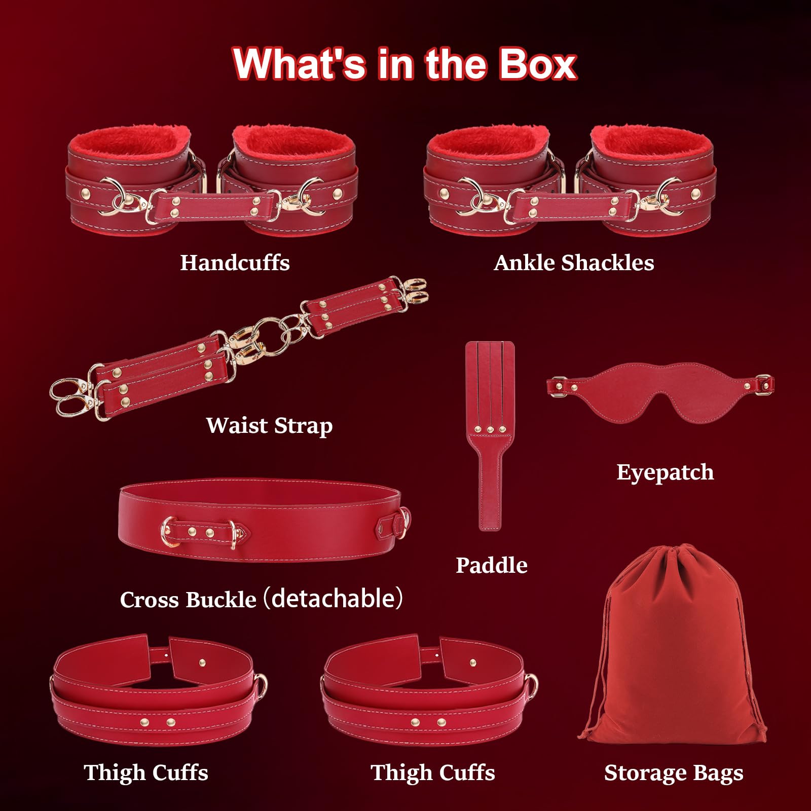 Premium 11-Piece BDSM Bondage Kit for Couples - Adjustable Handcuffs, Ankle Cuffs, Thigh Restraints, Blindfold, Waist Strap & Paddle - Adult SM Games with Storage Bag - Perfect for Spicing Up Your Bedroom & Role Play Scenes