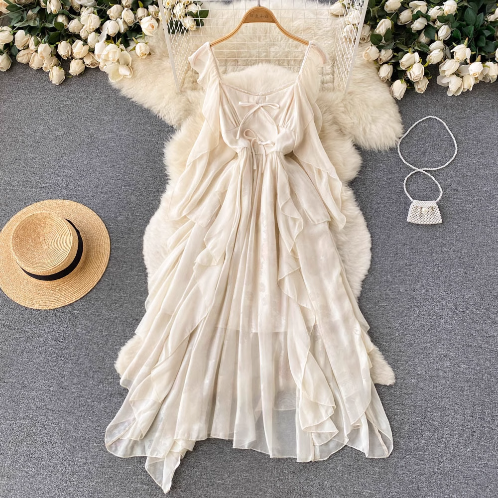 French Square Neck Ruffle Swing Dress - Elegant Irregular Hem Long Dress for Women | Perfect for Weddings, Parties & Summer Vacations