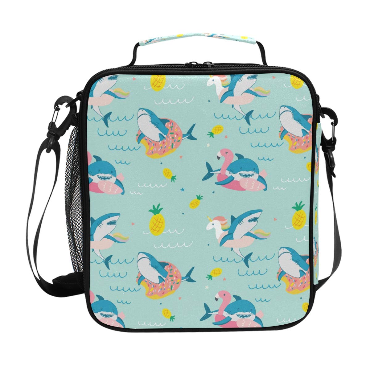 Insulated Lunch Box Bag - Pineapple Shark & Flamingo Donut Thermal Cooler Tote with Shoulder Strap | Portable Food Container for Travel, Office, School & Picnic | Perfect for Women's Daily Use & Outdoor Activities