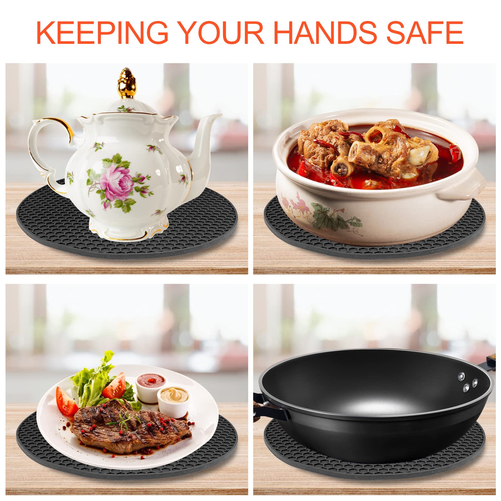 Uootach Set of 4 Round Silicone Pot Holders - Non-Slip, Heat Resistant, Waterproof Silicone Trivets for Pots, Pans, Teapots & Bowls (Black) - Perfect for Kitchen Countertops, Dining Tables & Outdoor Picnics