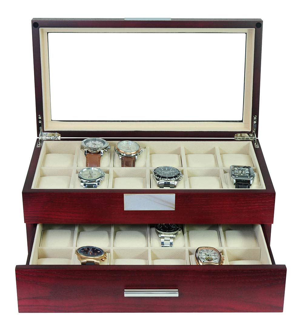 24-Slot Oversized Cherry Wood Watch Box - Extra Large 2-Tier Jewelry Organizer with Glass Top for Luxury Big Face Watches | Perfect for Watch Collectors & Gift Giving