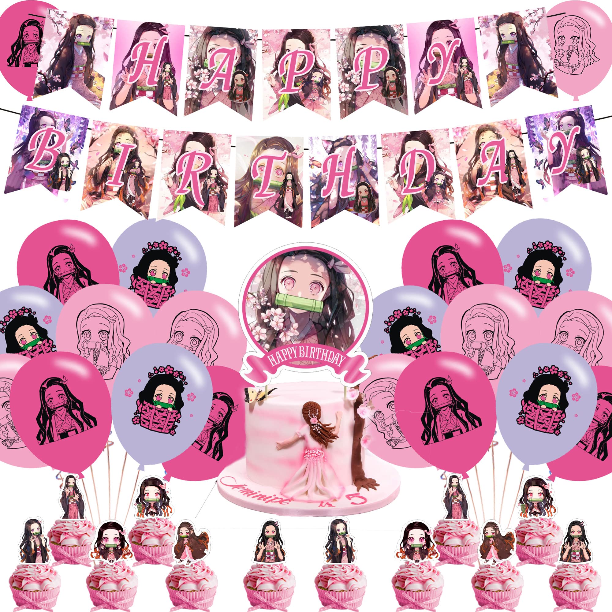 THREEMAO Anime Nezuko Theme Birthday Party Decorations Set - Rose Gold Foil Balloons, Cake Topper, 12 Cupcake Toppers, 18 Balloons, Happy Birthday Banner - Perfect for Anime Themed Parties, Baby Showers & Special Celebrations