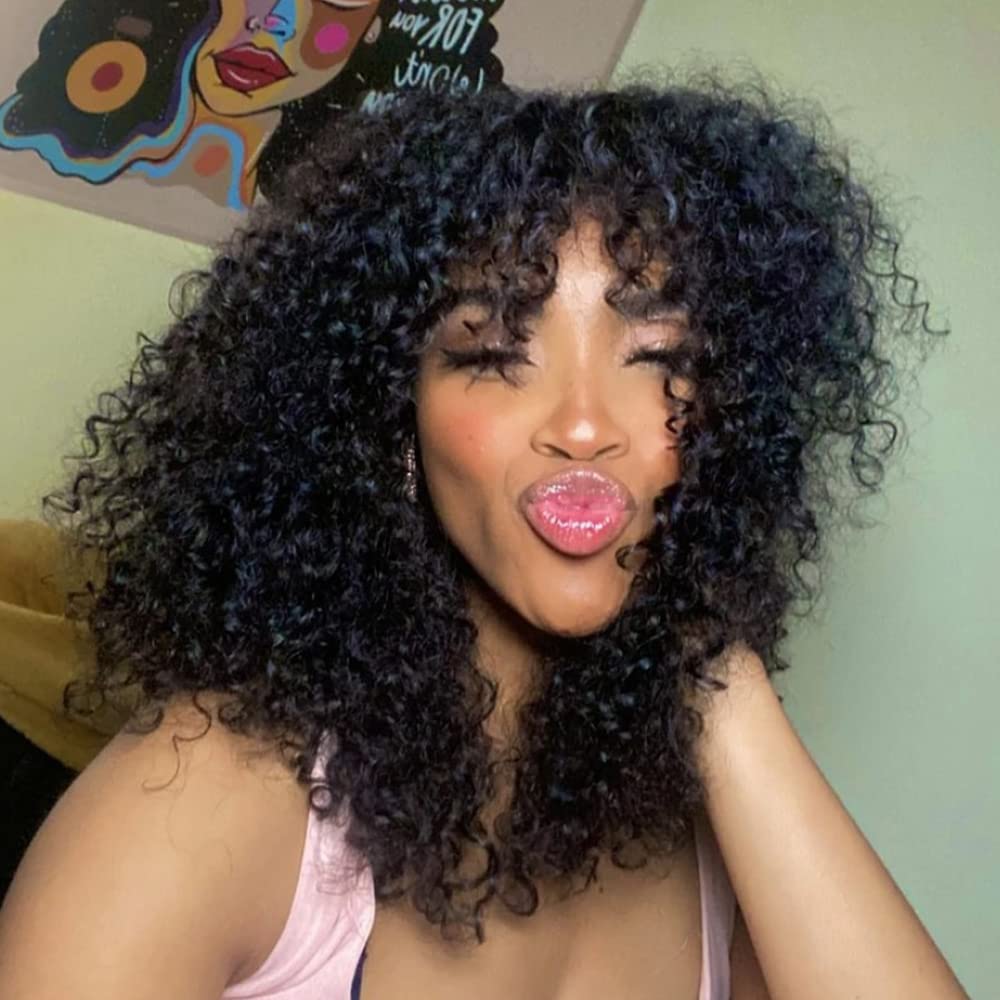 100% Brazilian Human Hair Wig with Bangs - 16 Inch Loose Curly Wig 180 Density for Black Women | O Scalp Top Full Machine Made | Natural Color | Perfect for Daily Wear, Parties & Special Occasions