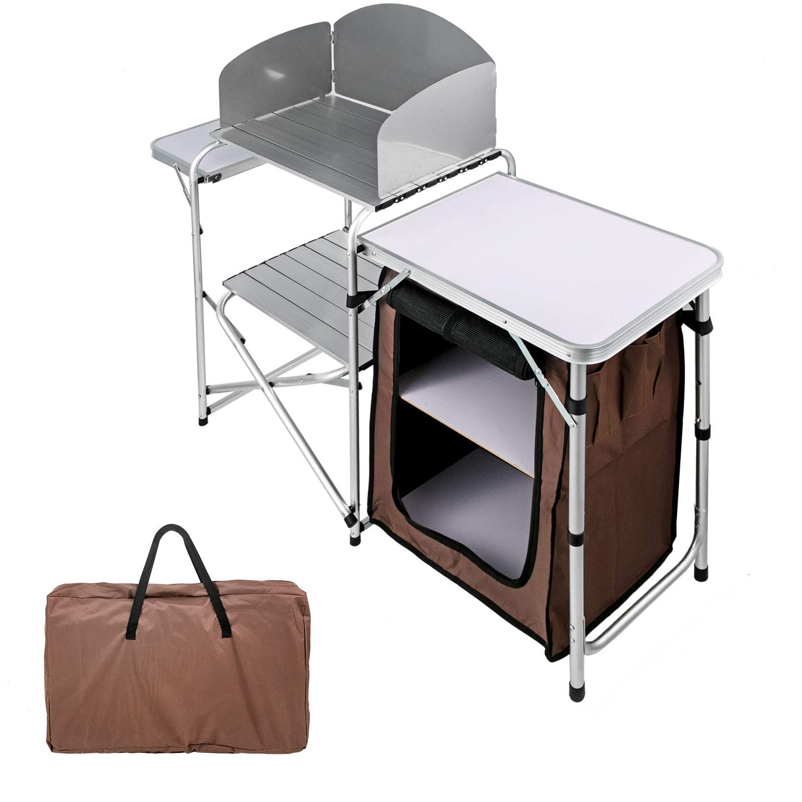 **Portable Aluminum Folding Camping Kitchen Table with Windscreen & Storage Organizer - Lightweight, Height Adjustable for Outdoor Cooking, Picnics & RV Adventures**
