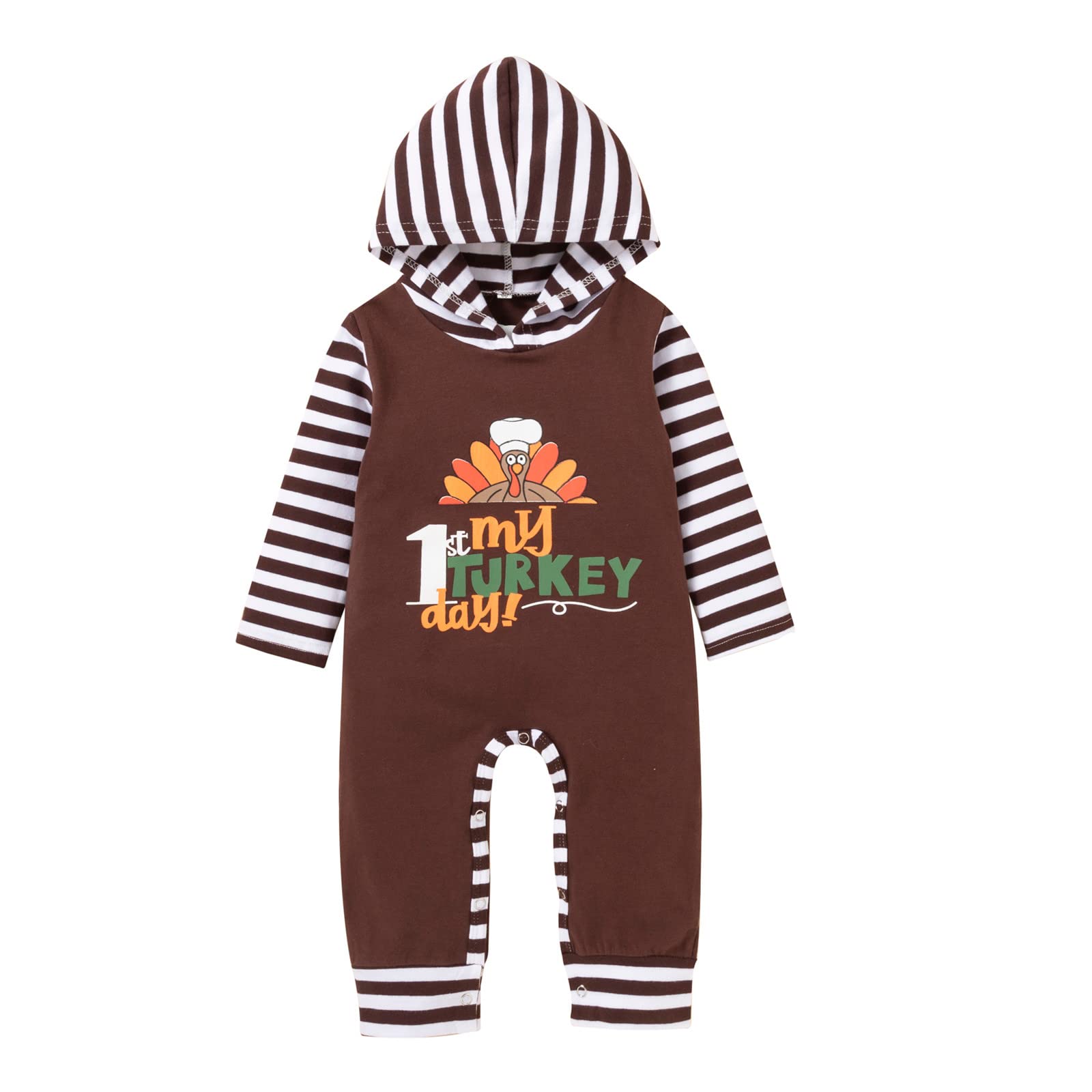 FWAY89 Baby Boys & Girls Hooded Turkey Letter Thanksgiving Striped Romper Jumpsuit - Cute Holiday Outfit for Infants 0-24 Months | Perfect for Family Gatherings & Photo Shoots