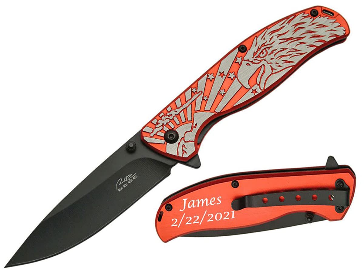 Personalized Laser Engraved Eagle Pride Folding Knife - Custom Father's Day Gift, Graduation Present for Men - Free Engraving (Red) - Perfect for Camping, Hiking & Outdoor Adventures