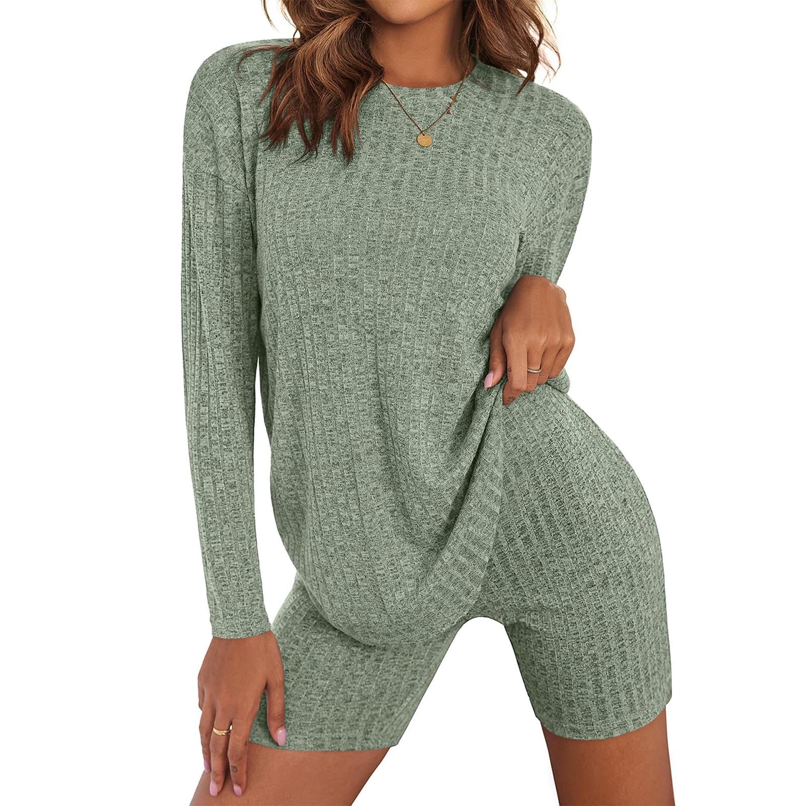 Women's 2-Piece Ribbed Knit Outfit Set - Long Sleeve Drop Shoulder T-Shirt & Shorts - Soft Stretchy Workout Sports Tracksuit Fabric - Gym, Yoga, Running & Lounge Wear