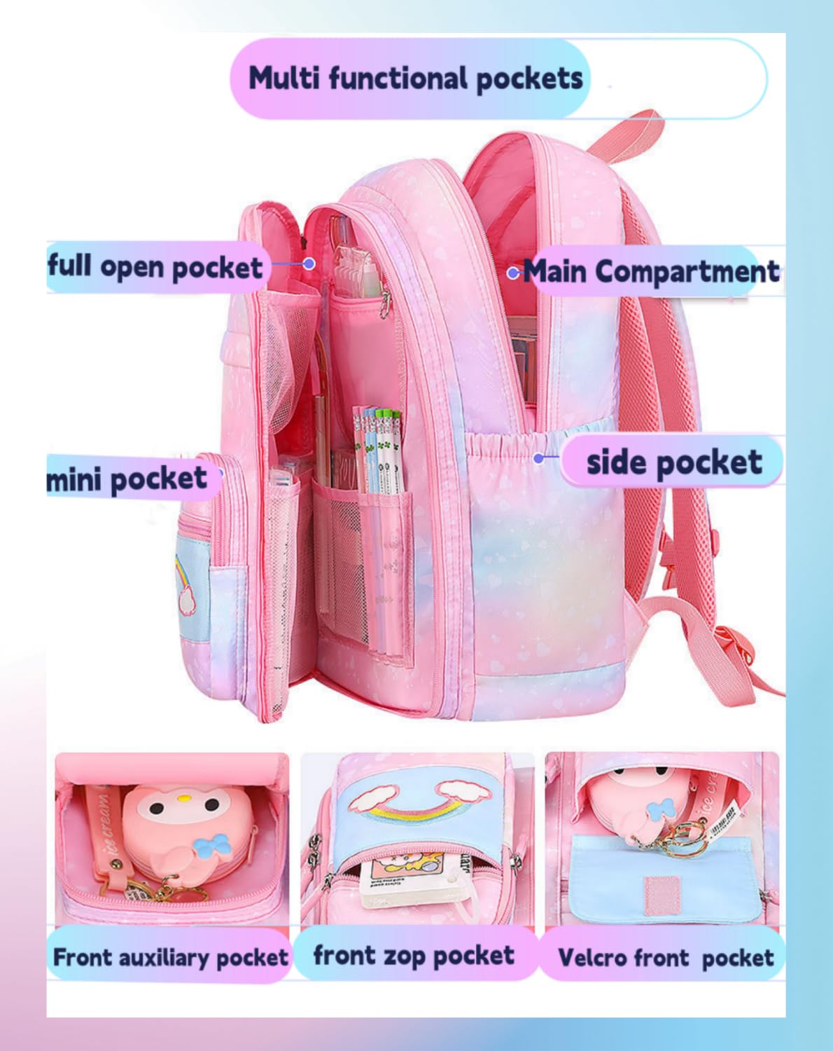 Cute Rainbow Girls Backpack for School - Kawaii Kids Book Bag for Elementary & Primary Students | Perfect for Daily Use, Classroom, Travel & Outdoor Activities