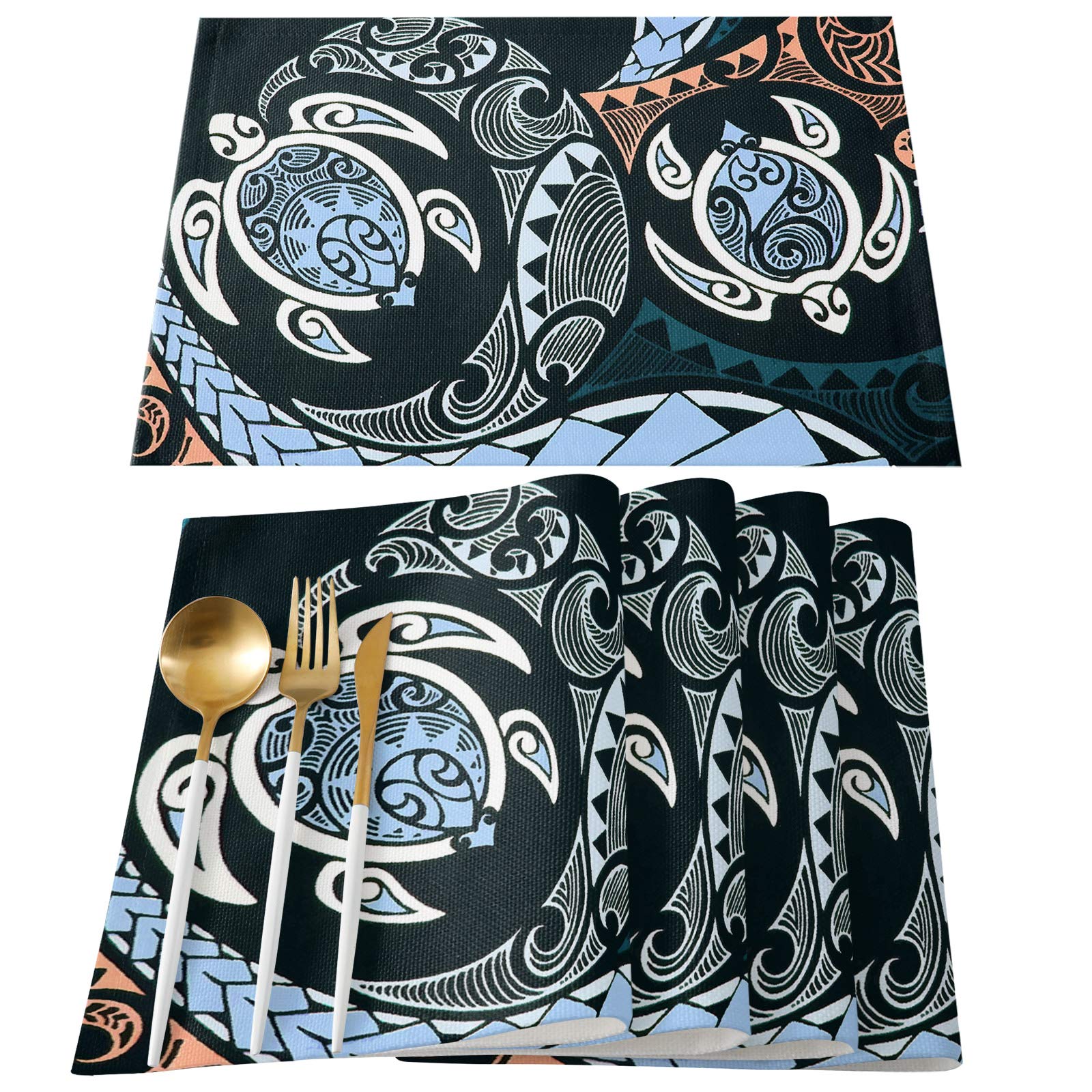 Sea Turtle Polynesian Texture Placemats Set of 4 - Non-Slip Washable Dining Table Mats for Kitchen, Indoor & Outdoor Use - 13” x 19” - Perfect for Beach House Decor, Tropical Dinner Parties, and Everyday Meals