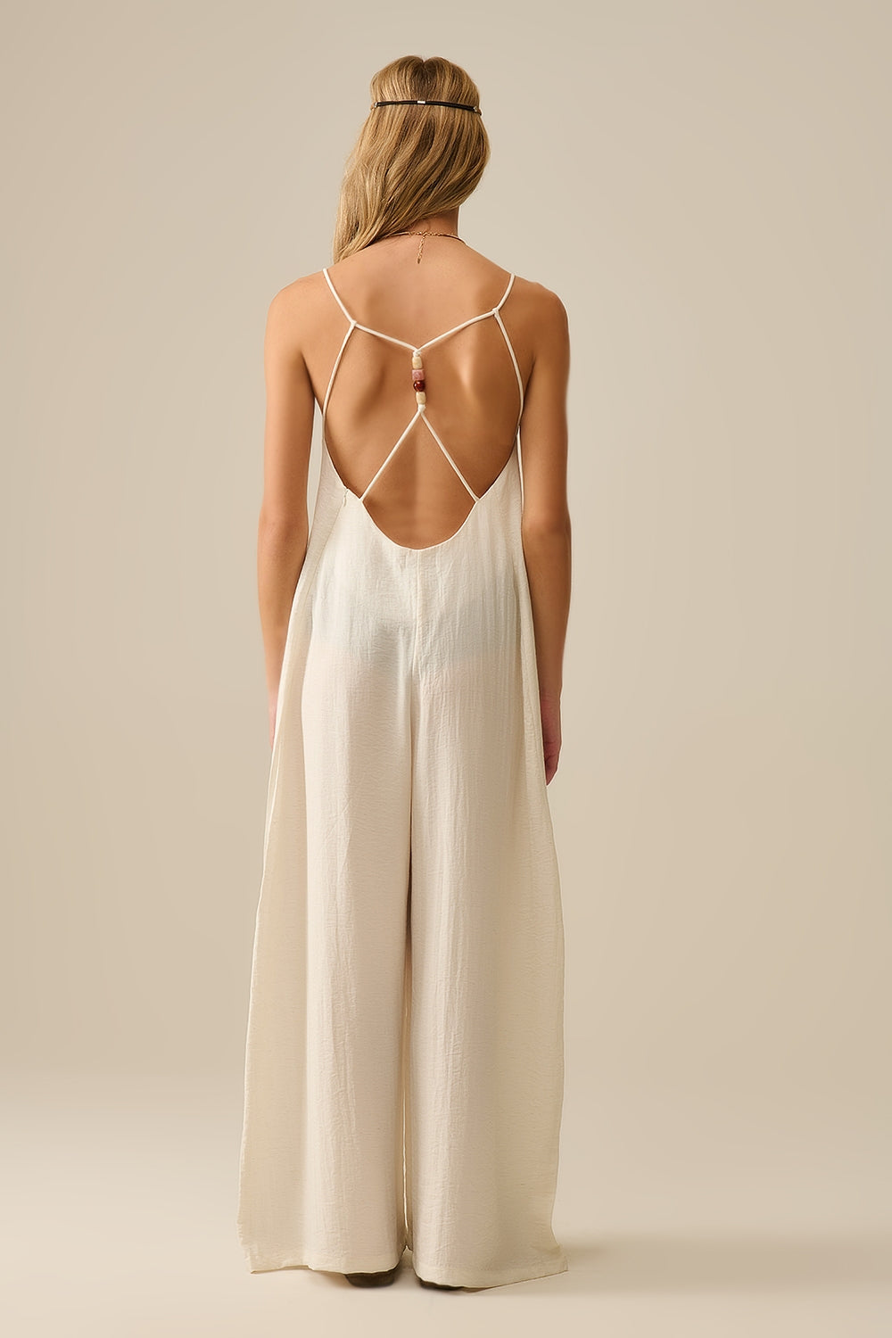 Elegant Cream Textured Long Dress with Beaded Straps - Perfect for Weddings, Parties & Special Occasions