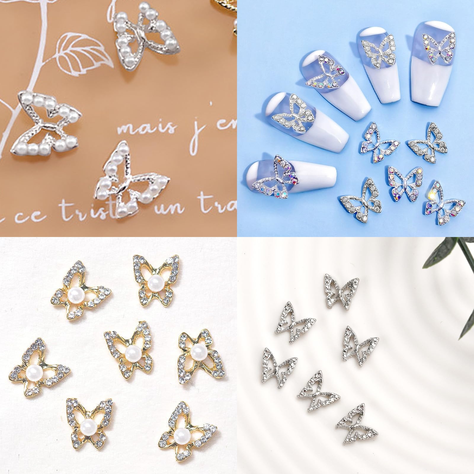 KWOLYKIM 50pcs Silver Diamond Butterfly Nail Charms - 3D Metal Butterfly Nail Gems & Rhinestones for Y2K Nail Art, DIY Manicure Jewelry Accessories - Perfect for Nail Decoration, Parties, and Special Occasions
