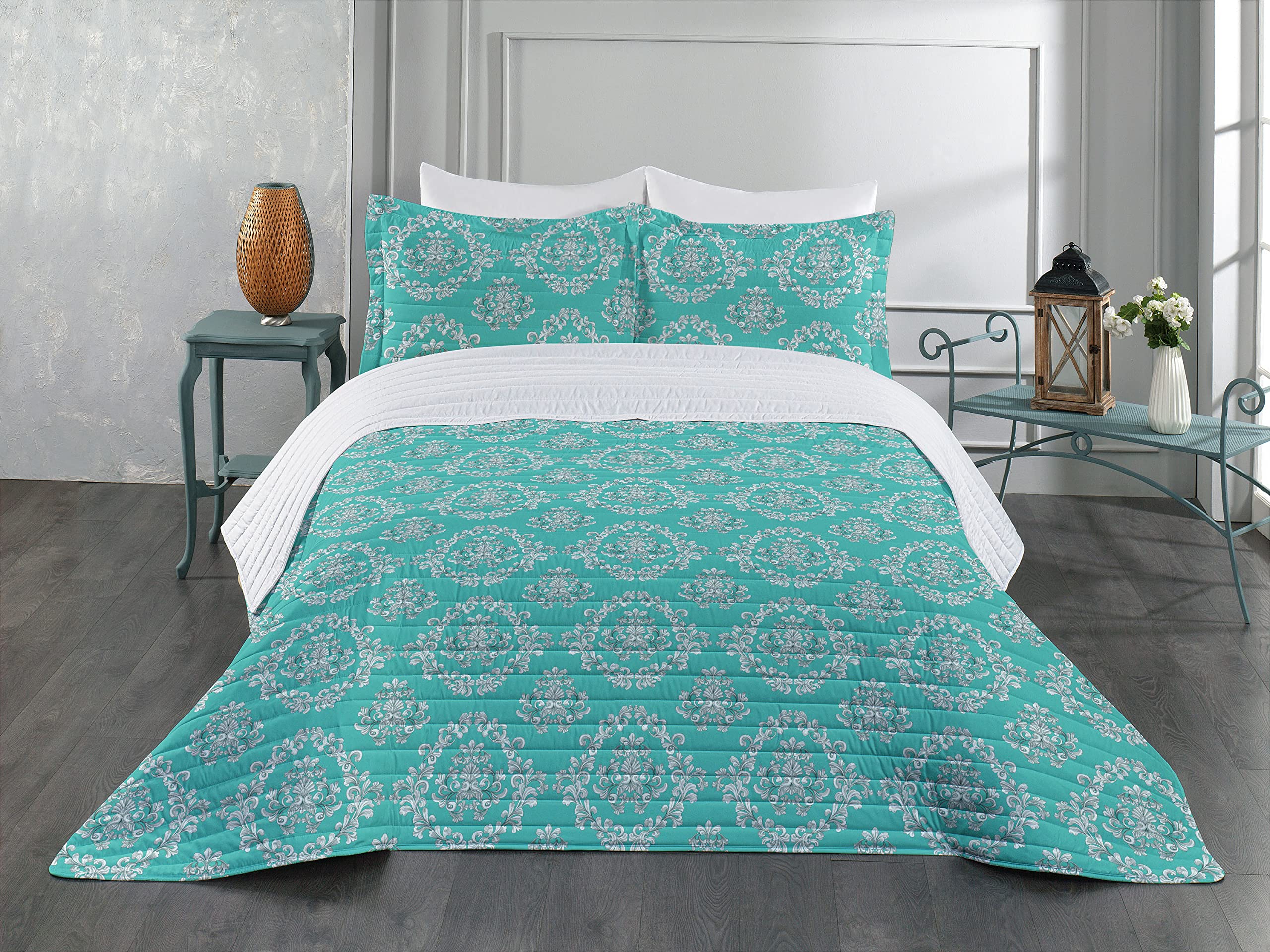 Victorian Style Microfiber Bedspread Set with Greek Roman Floral Motifs - Queen Size Turquoise Teal White Bedding | Soft Comforter & Pillow Shams for Master Bedroom, Guest Room Decor
