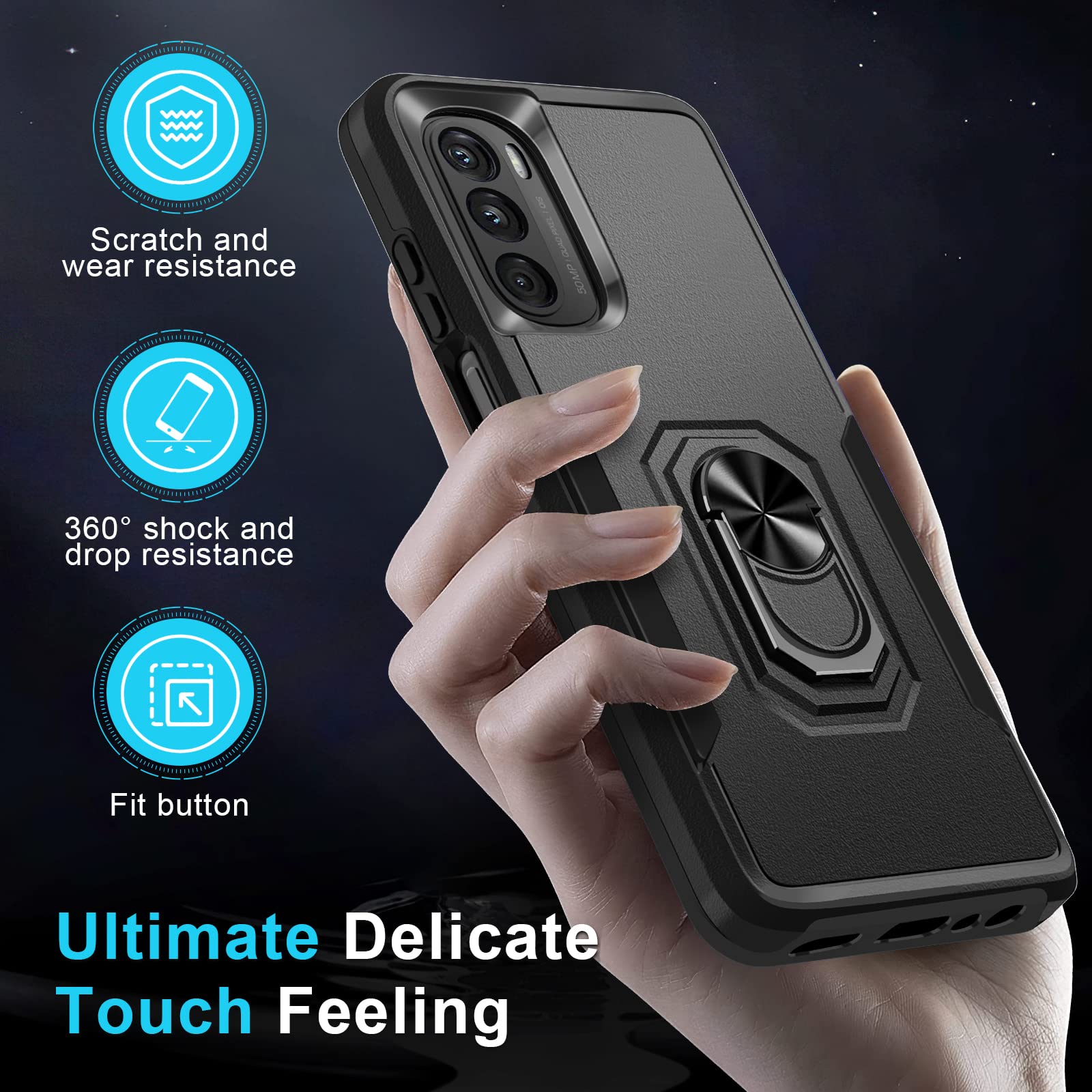 Janmitta Heavy Duty Shockproof Case for Moto G 5G 2022 with Built-in Rotatable Metal Ring Holder & Kickstand | Includes Screen Protector | Black Matte Finish | Perfect for Outdoor Activities, Travel & Daily Protection