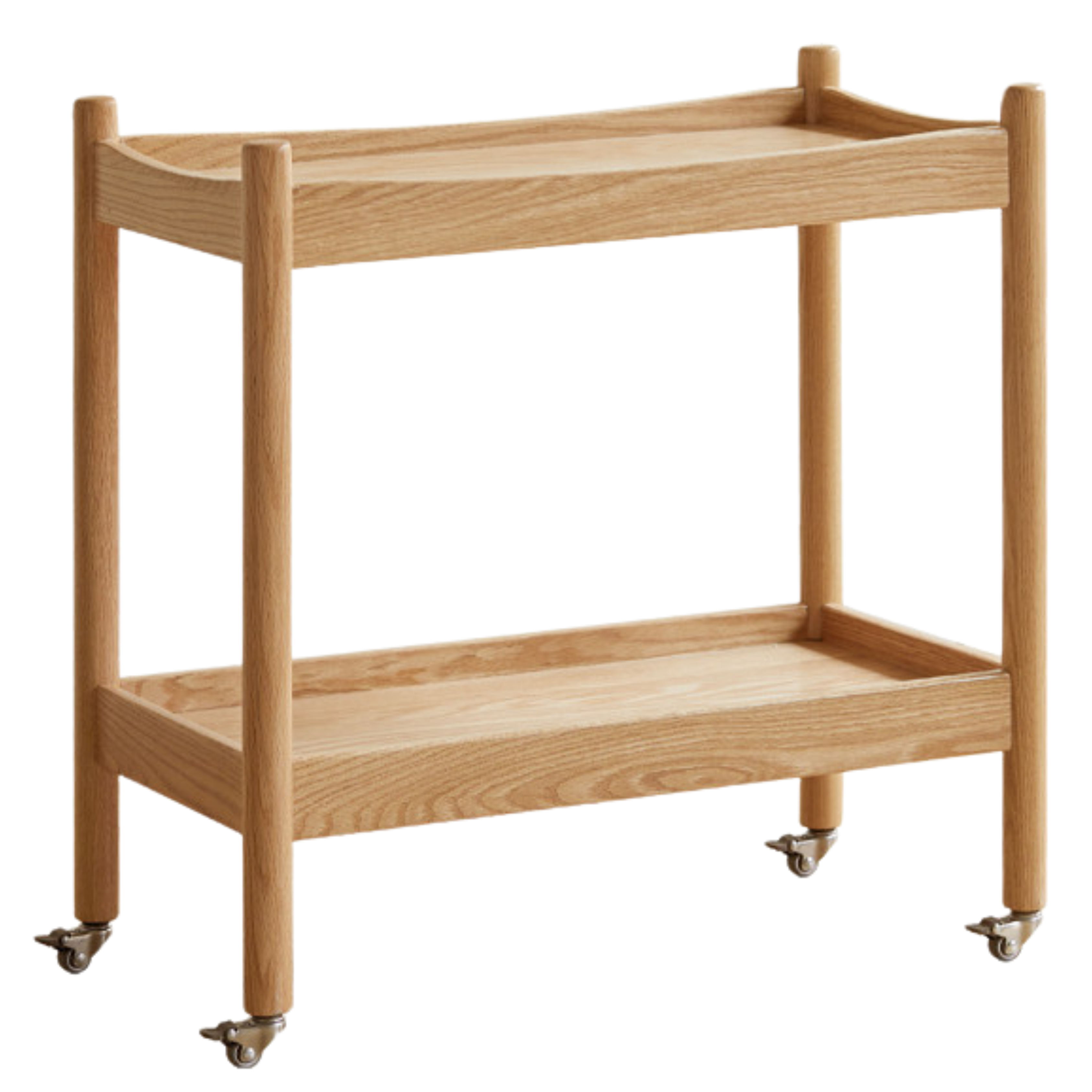 Solid Oak Wood Rolling Cart - Mobile Side Table with Wheels for Living Room, Bedroom, or Office Use