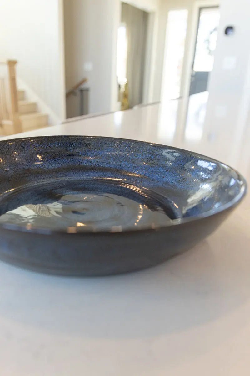 Large Low Profile Bowl/Dish - Midnight Blues & Blacks on Black Clay | Perfect for Serving, Decor & Kitchen Storage