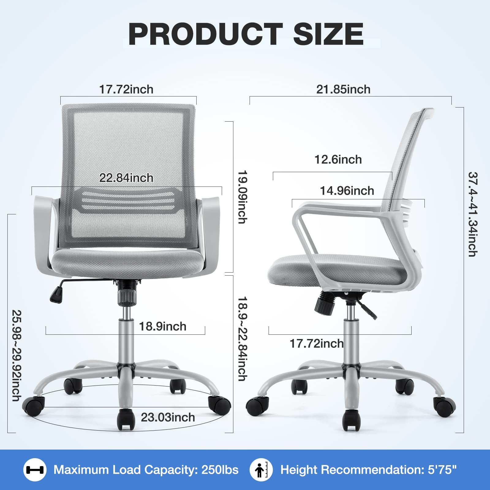 Ergonomic Office Chair with Lumbar Support - Adjustable Mesh Back, Swivel & Rolling Computer Desk Chair for Home & Office - Grey Mid Back Task Chair with Armrests - Perfect for Long Work Hours, Gaming & Study Sessions