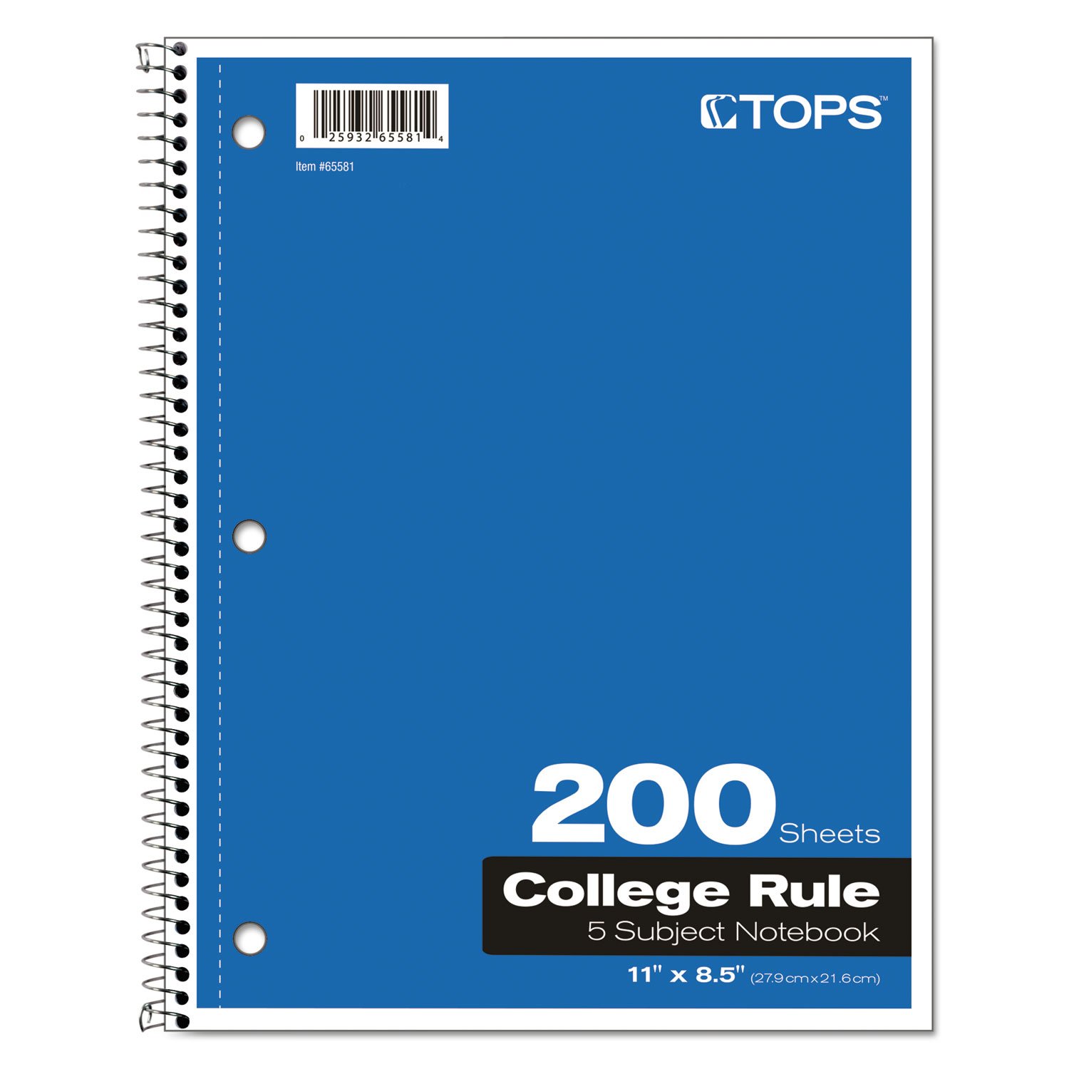 TOPS 65581 Coil Lock Wirebound Notebook - College/Medium Size 11 x 8.5 Inches, 200 Sheets White Paper - Perfect for School, Office & Journaling