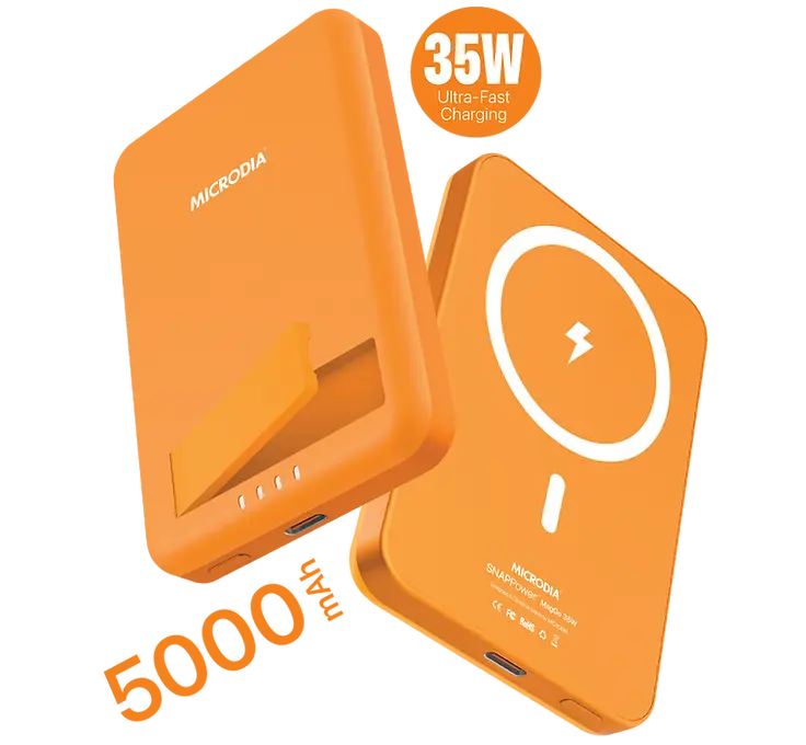 MICRODIA SNAPPower™ MagGo 35W Magnetic Wireless Power Bank - 5000mAh Portable Charger with 15W Wireless & 20W USB-C PD Fast Charging, Built-in Kickstand for iPhone 14/13/12, Samsung Galaxy, Perfect for Travel, Work & Outdoor Adventures