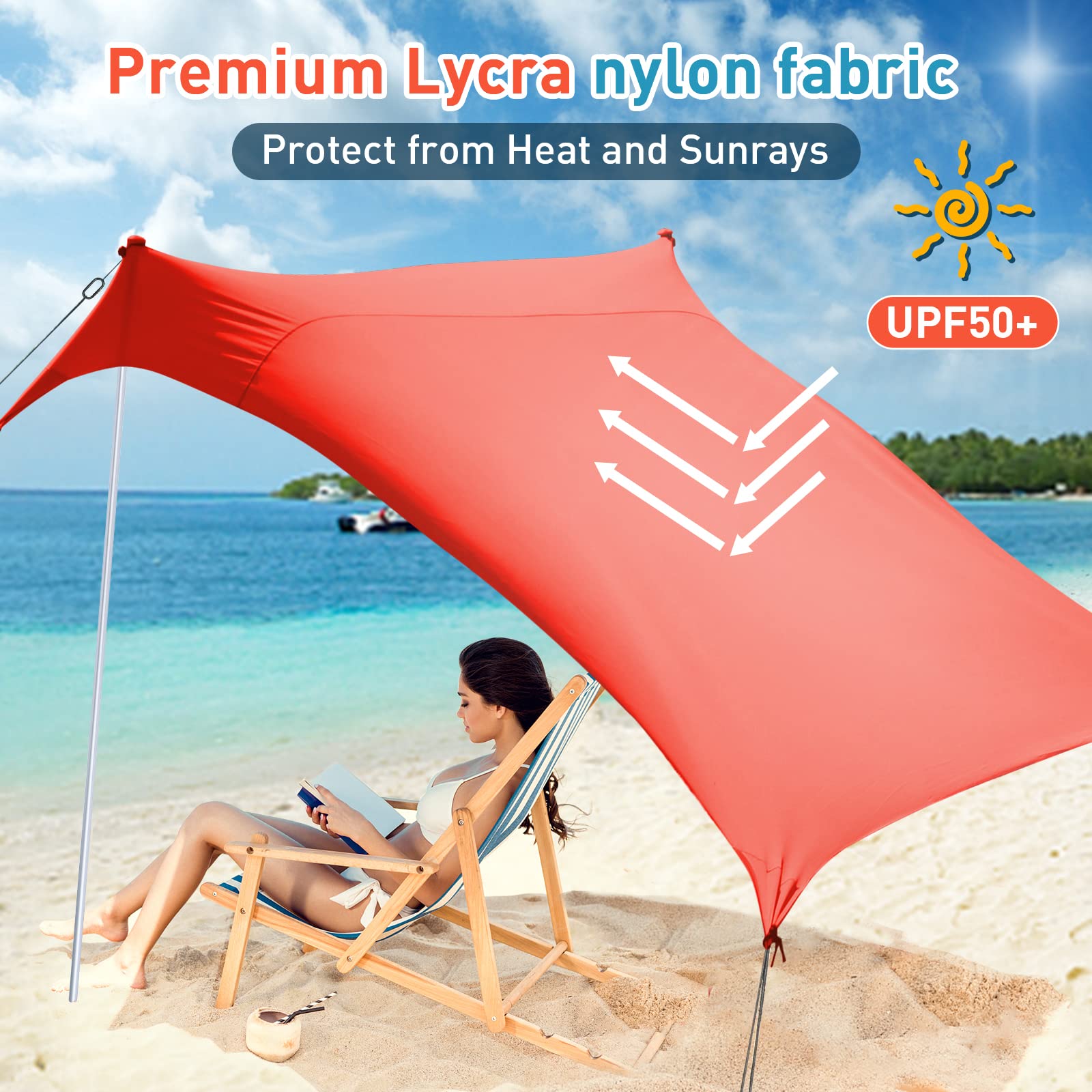 4-5 Person Pop Up Beach Tent with UPF50+ Sun Protection - Portable 7x7 Ft Sun Shelter for Camping, Fishing, Picnics & Outdoor Activities | Includes Carrying Bag (Orange, 2-Pole Design)