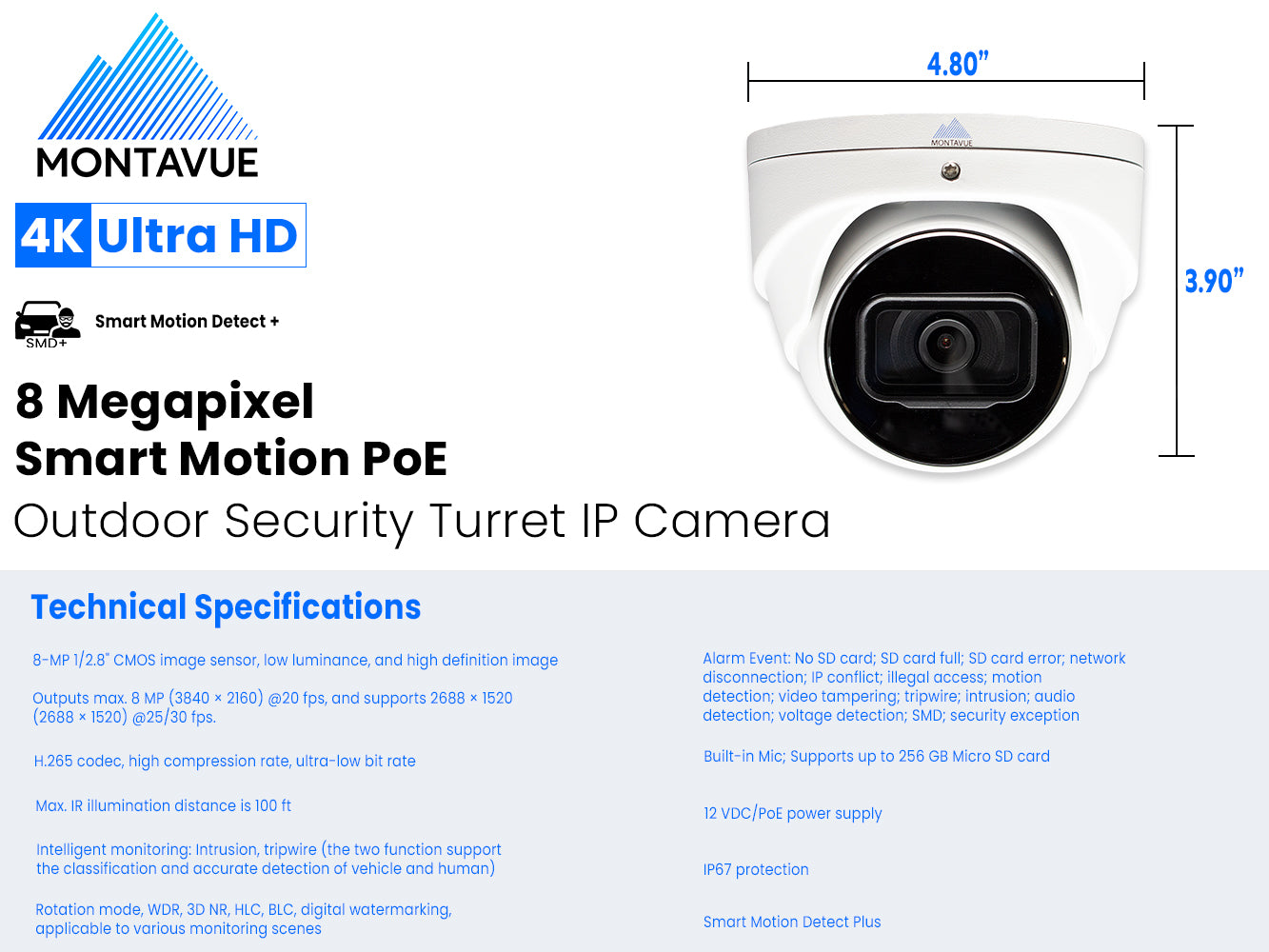 MTT8106 SMD 8MP 4K Turret Security Camera with Smart Motion Detection - Indoor/Outdoor Surveillance for Home & Business Security