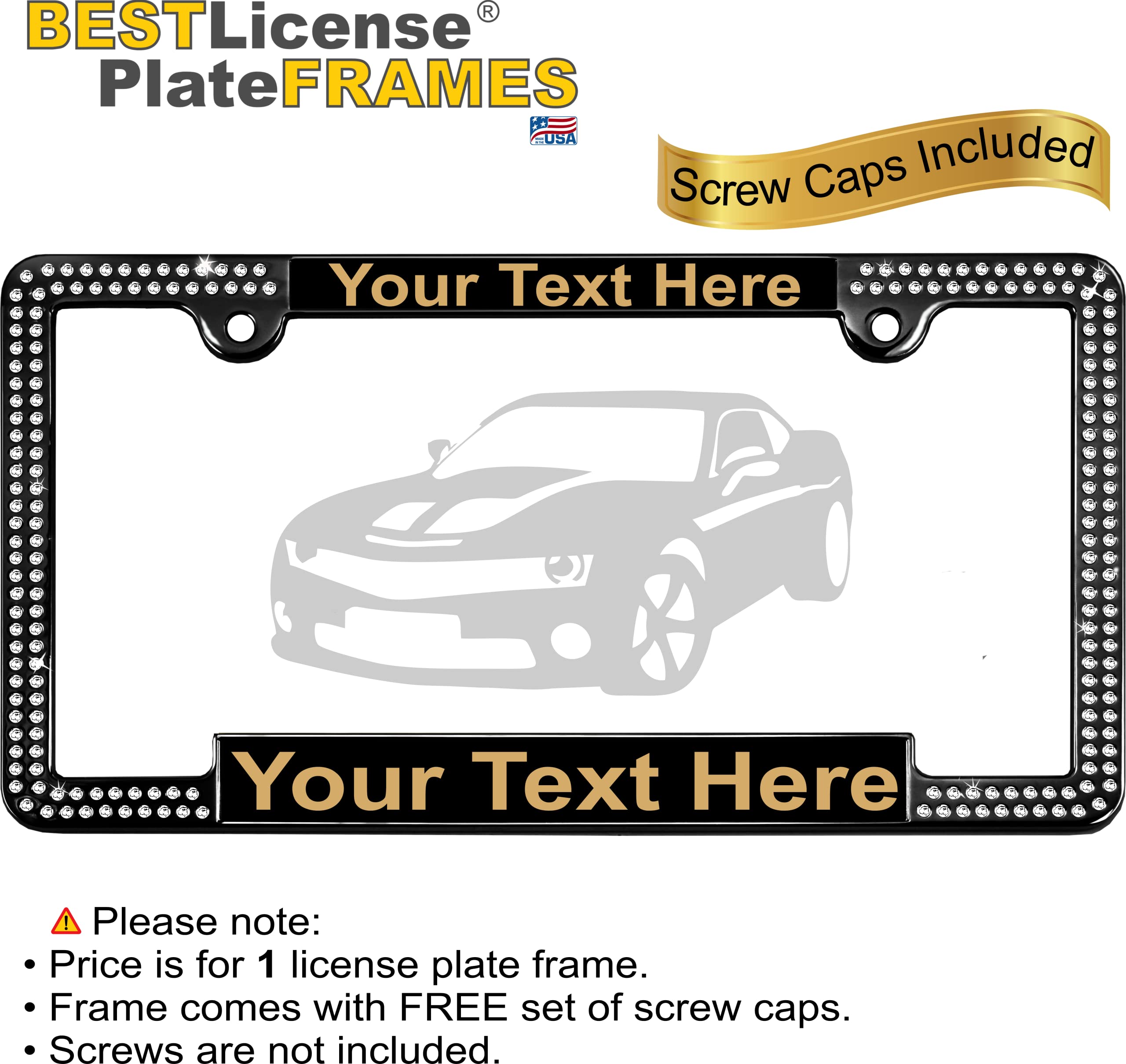 Custom Laser Engraved Black & Gold License Plate Frame with Clear Crystals - Personalized Text Design, Free Caps - Perfect for Cars, Trucks, and Motorcycles