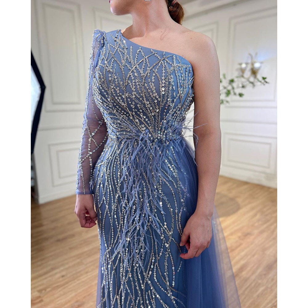 Elegant Grey Mermaid Evening Dress with Feather Skirt & Beaded One Shoulder - Women's Formal Gowns for Prom, Wedding, Red Carpet & Special Occasions 2025
