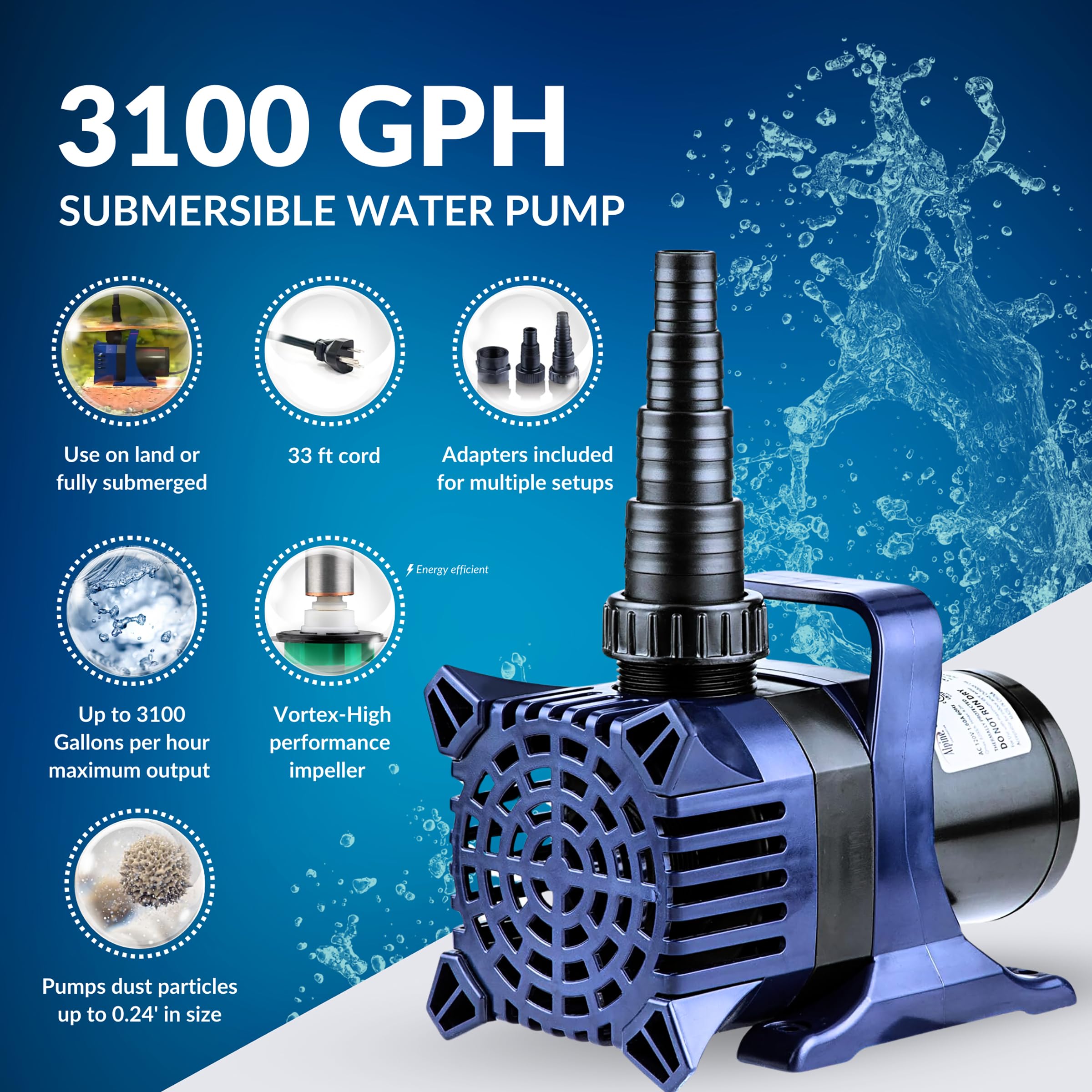 Alpine Corporation 3100 GPH Submersible Water Pump with 33 FT Cord - Energy Efficient Quiet Pond Pump for Fountains, Waterfalls & Water Features | Ideal for Outdoor Ponds, Garden Waterfalls & Aquarium Circulation