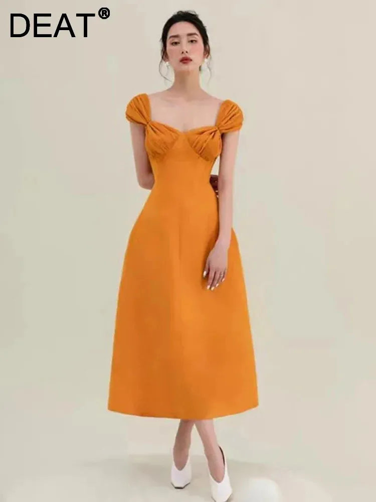 DEAT Women's Backless Square Neck Pleated Sleeveless Dress with Bow Detail - Casual Spring Summer Fashion Dress for Party, Date Night & Vacation | Style 13DB3266