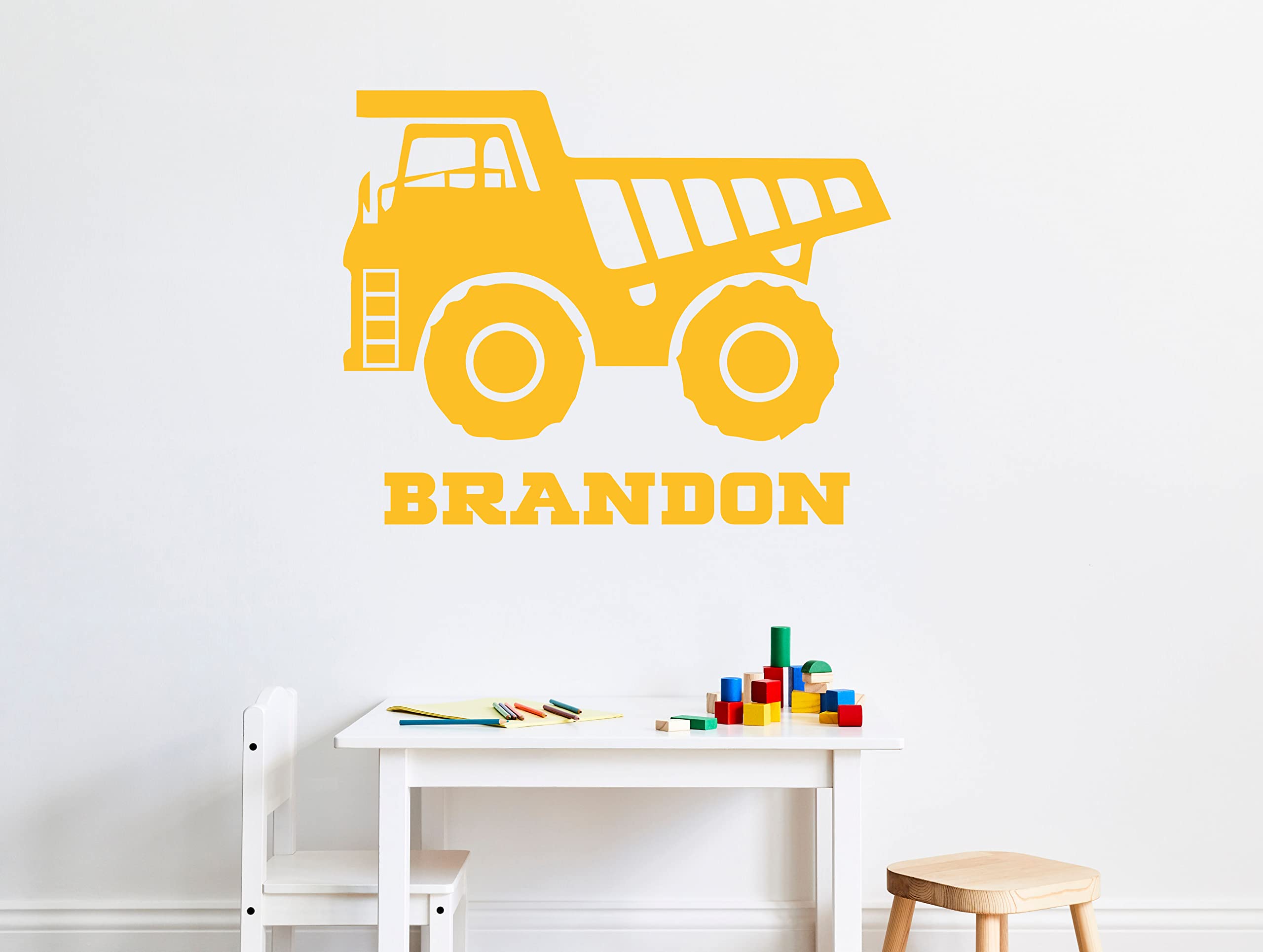 Customizable Construction Vinyl Wall Decal with Personalized Name - Dump Truck Home Decor for Bedroom, Nursery, Playroom & Barn - Removable Wall Sticker for Kids Room, Construction Theme Party & DIY Home Improvement Projects