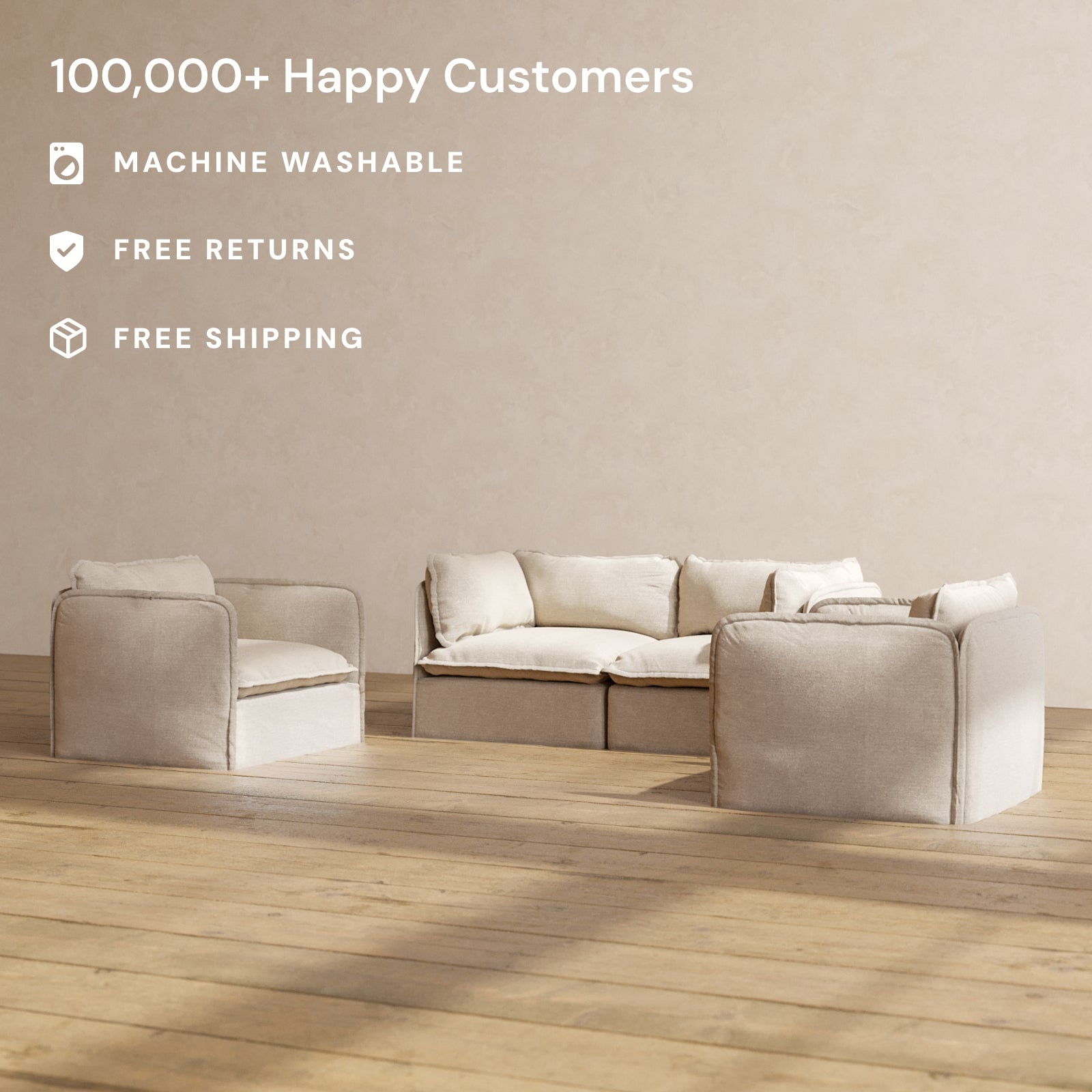 Modular Performance 2 Seater Sofa with Armchair Set in Oat Beige Fabric | Modern Living Room Furniture for Small Spaces | Perfect for Apartments, Condos and Cozy Home Decor