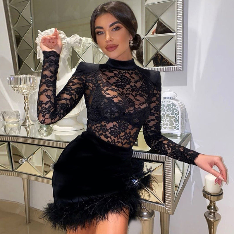 Elegant Lace Long Sleeve Velvet Short Dress for Women - Vintage 2003 Style Party & Cocktail Dress for Evening Events, Date Nights and Special Occasions