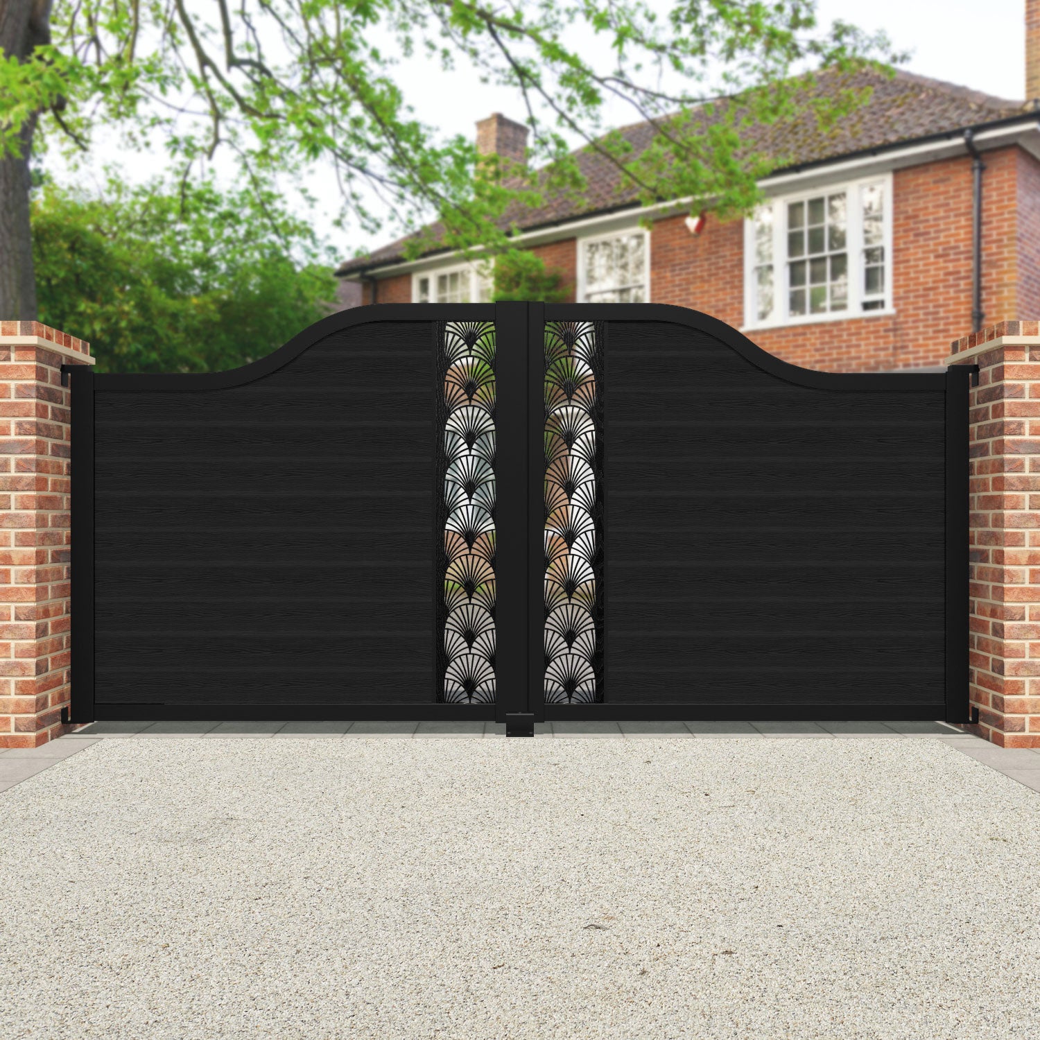 Classic Laurel Curved Top Black Driveway Gate with Middle Screen - Elegant Entryway Solution for Homes, Estates & Commercial Properties