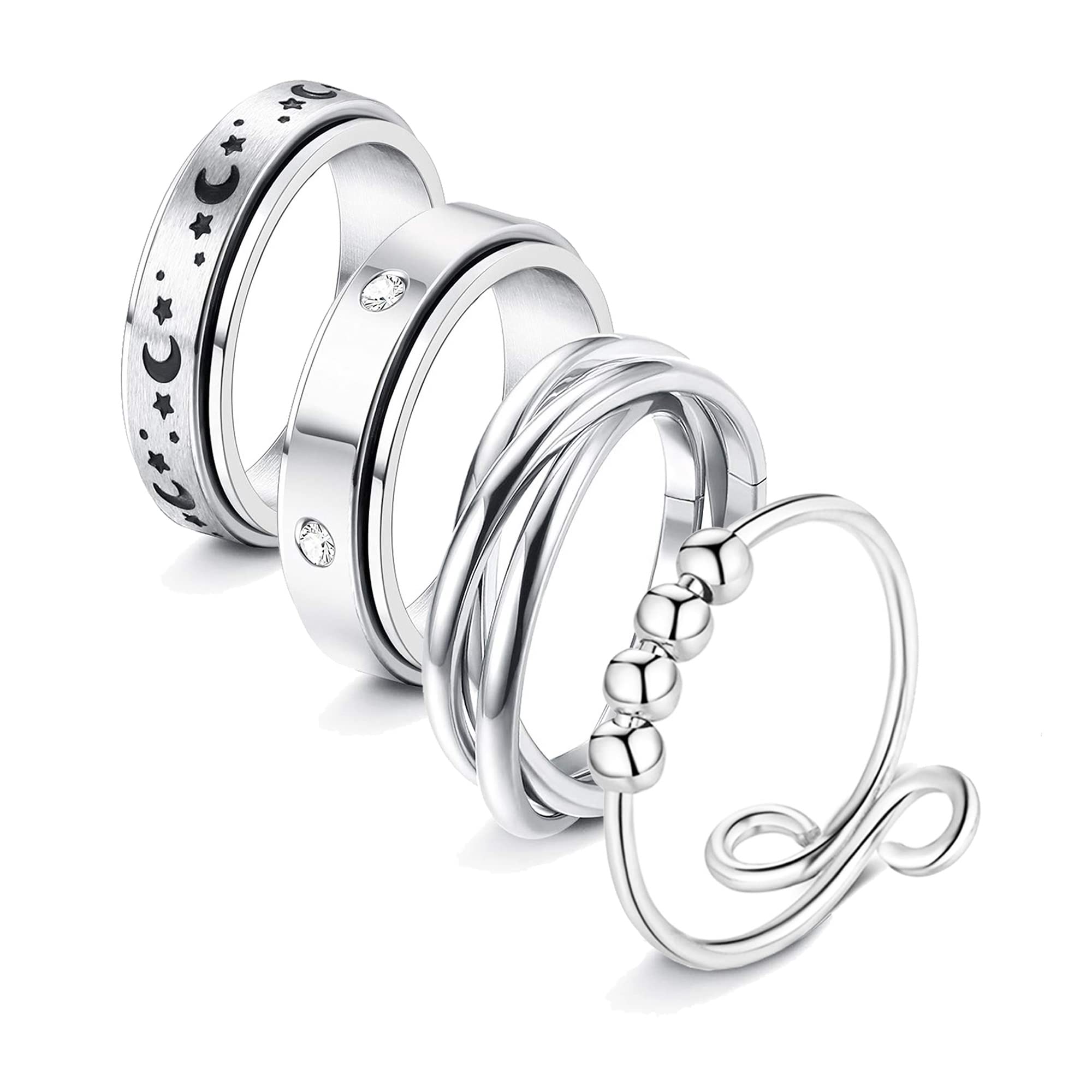 Yomlry 4Pcs Stainless Steel Fidget Spinner Rings for Anxiety Relief - Stress Reducing Spinner Band Rings for Women & Men - Wedding Promise Rings Set - Perfect for ADHD, OCD, Focus & Relaxation at Work, School or Home