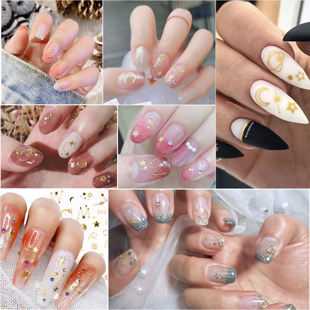 12 Sheets Gold Nail Art Stickers - 3D Self-Adhesive Metallic Stars & Moon Glitter Decals for Women, Girls Manicure - DIY Nail Supplies for Salon, Party, Wedding & Home Nail Art Design