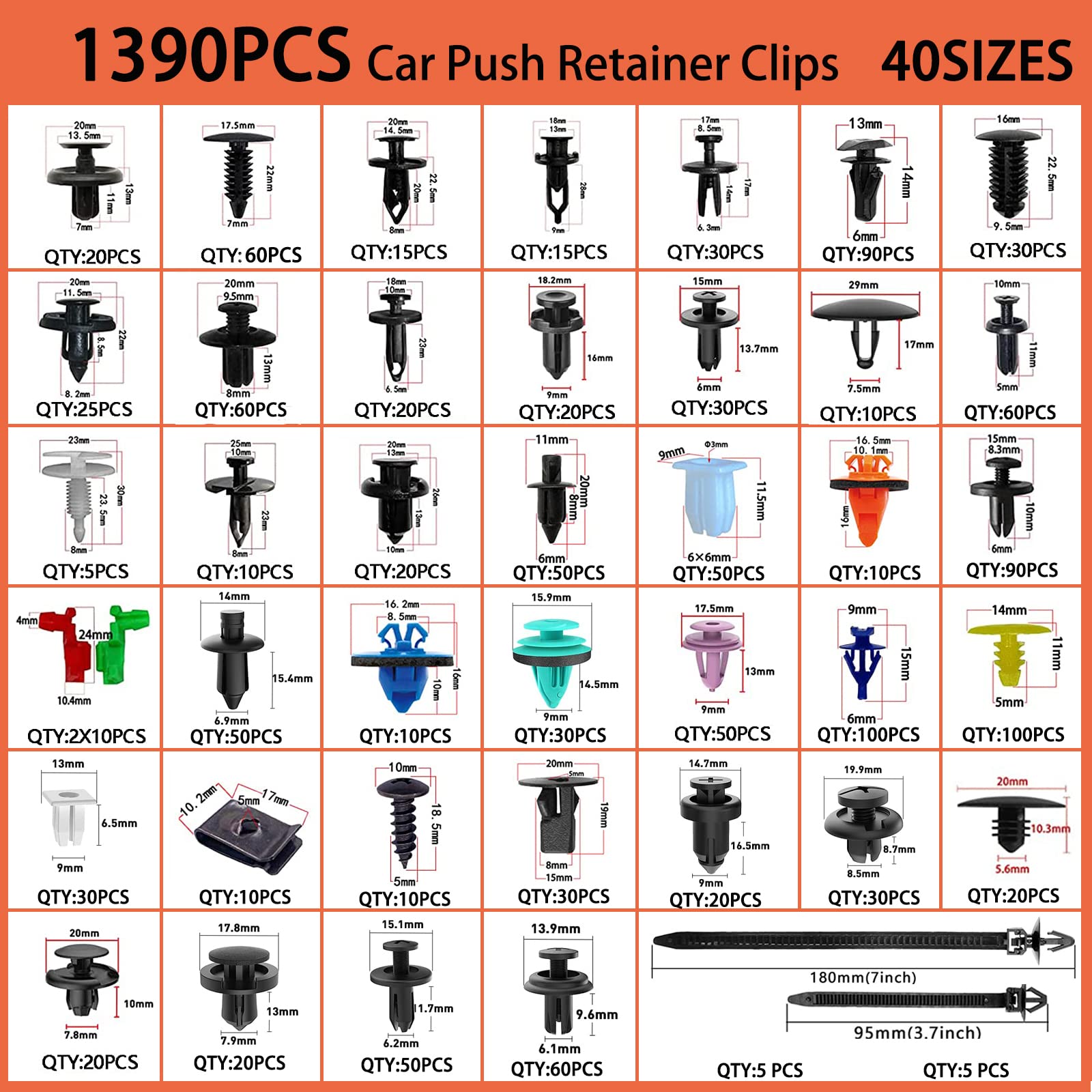 1595PCS Car Push Retainer Clips & Door Panel Trim Clamp Kit - 40 Most Popular Sizes Nylon Bumper Fender Rivets Kit with 10 Cable Ties for GM Ford Toyota Honda Chevrolet BMW Benz Audi Nissan Mazda - Perfect for Auto Body Repair, Interior Trim Fixing and DIY Car Maintenance