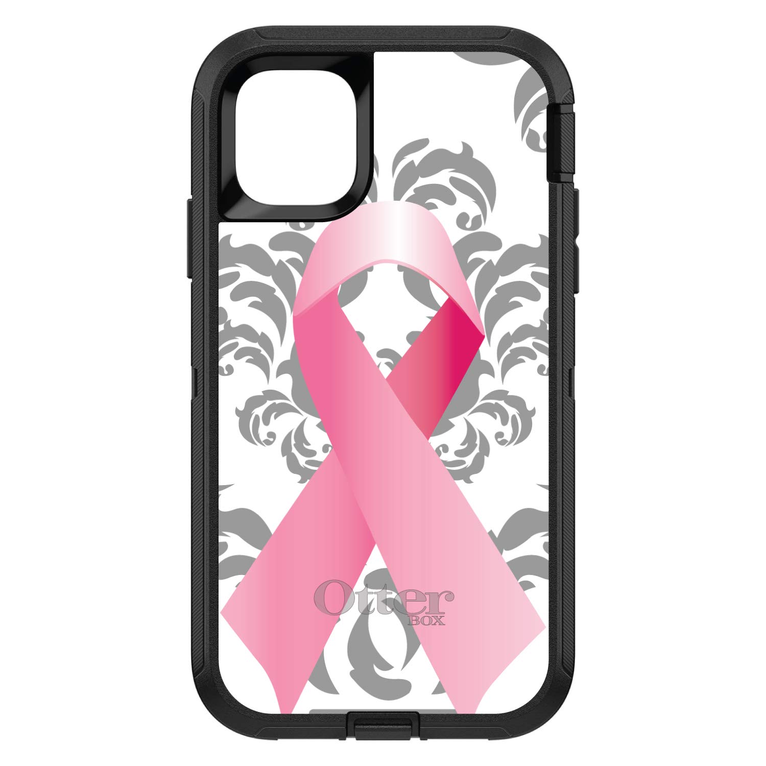 DistinctInk iPhone 12 Pro MAX Case (6.7 Inch) - Premium Protective Phone Cover with Grey Damask Pink Ribbon Design - Breast Cancer Awareness Edition - Perfect for Daily Use, Work & Outdoor Activities